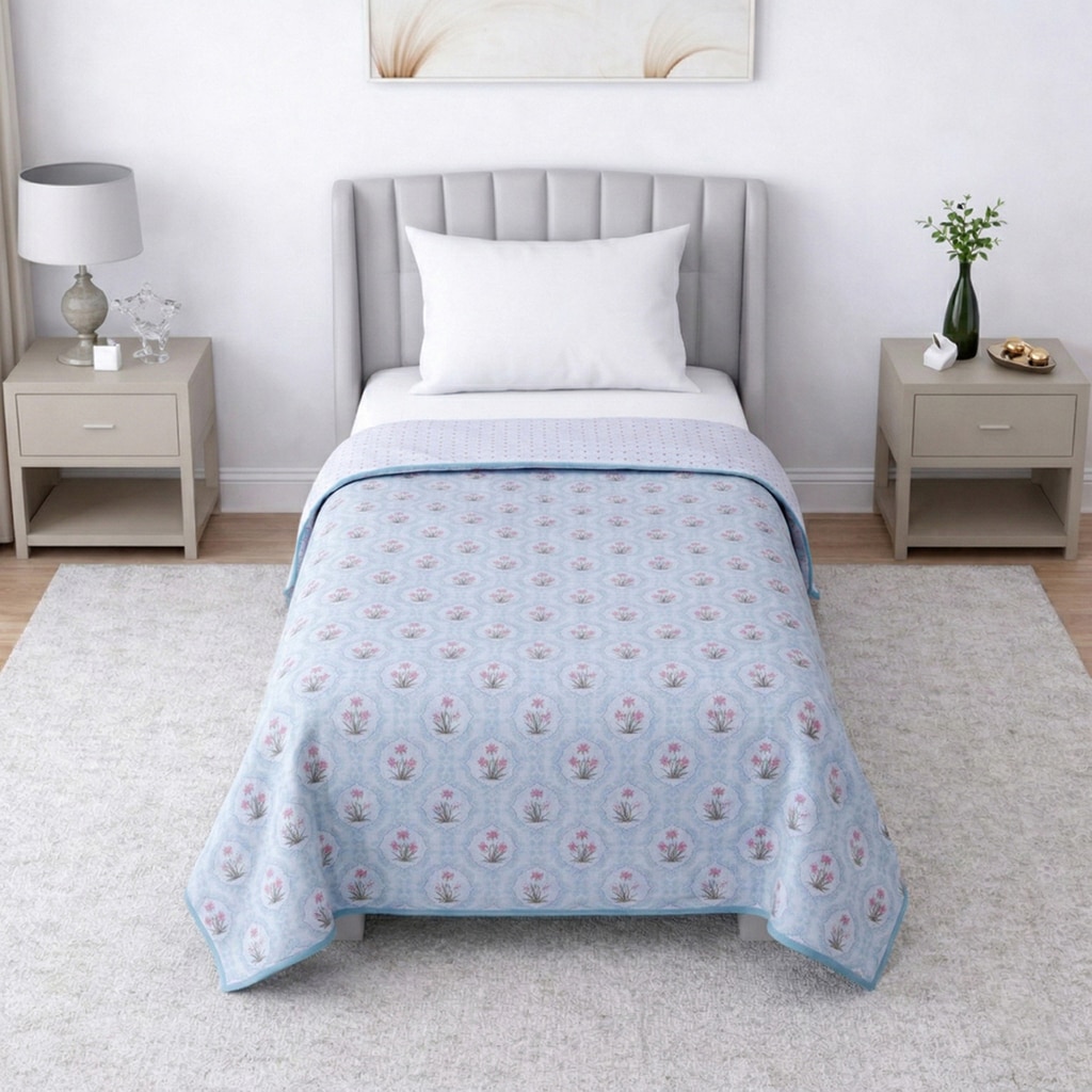 Aya White & Blue Floral Cotton Dohar Single Bed Reversible 300 Gsm Size 240 X 160 Cms - Threads