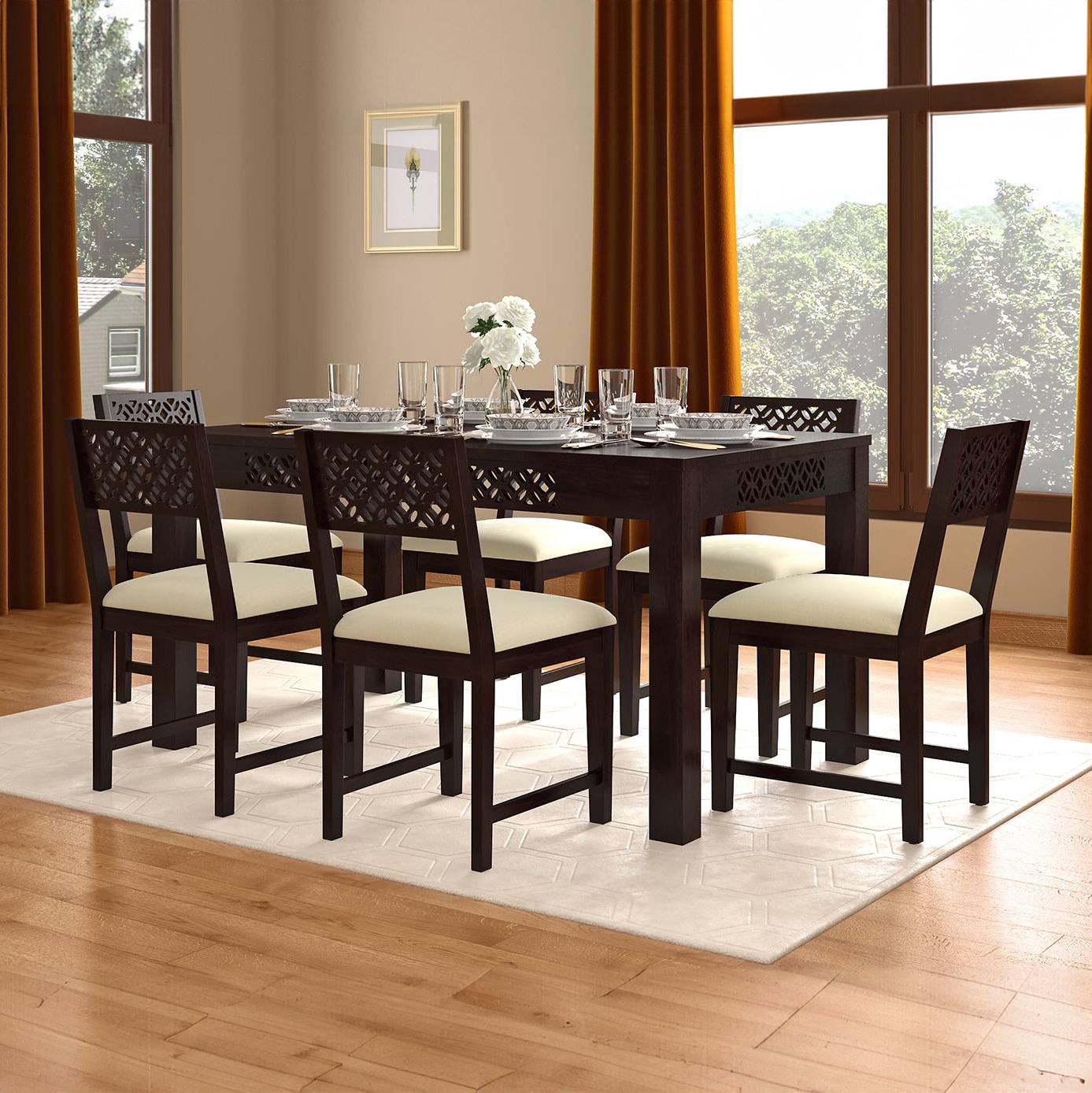 Alaca Solid Wood Dining Chair Set Of 2 In Mango Mahogany Finish & Camilla Ivory Fabric Colour