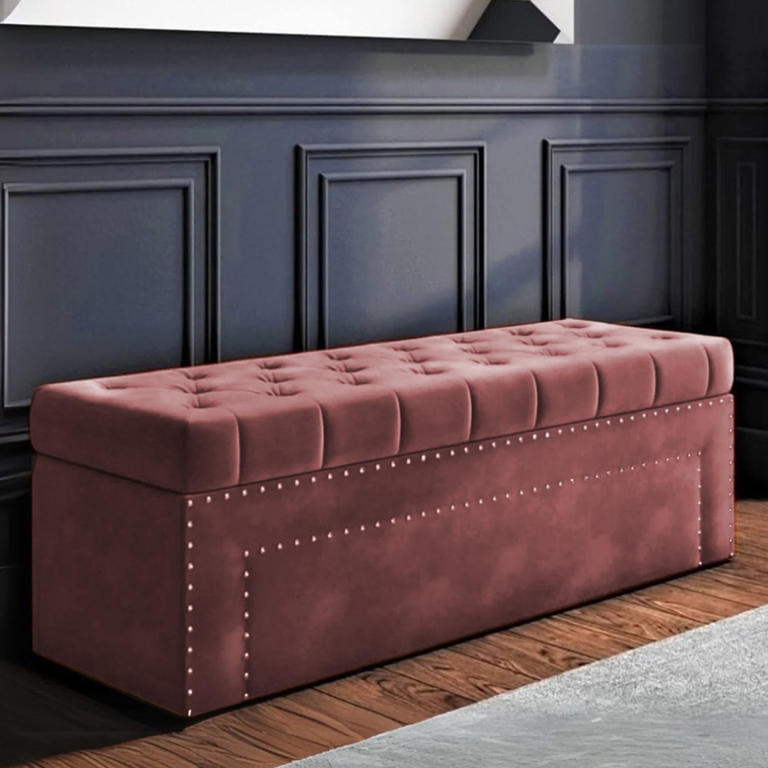 Edin Velvet 2 Seater Upholstered Bench with Storage Peach Colour