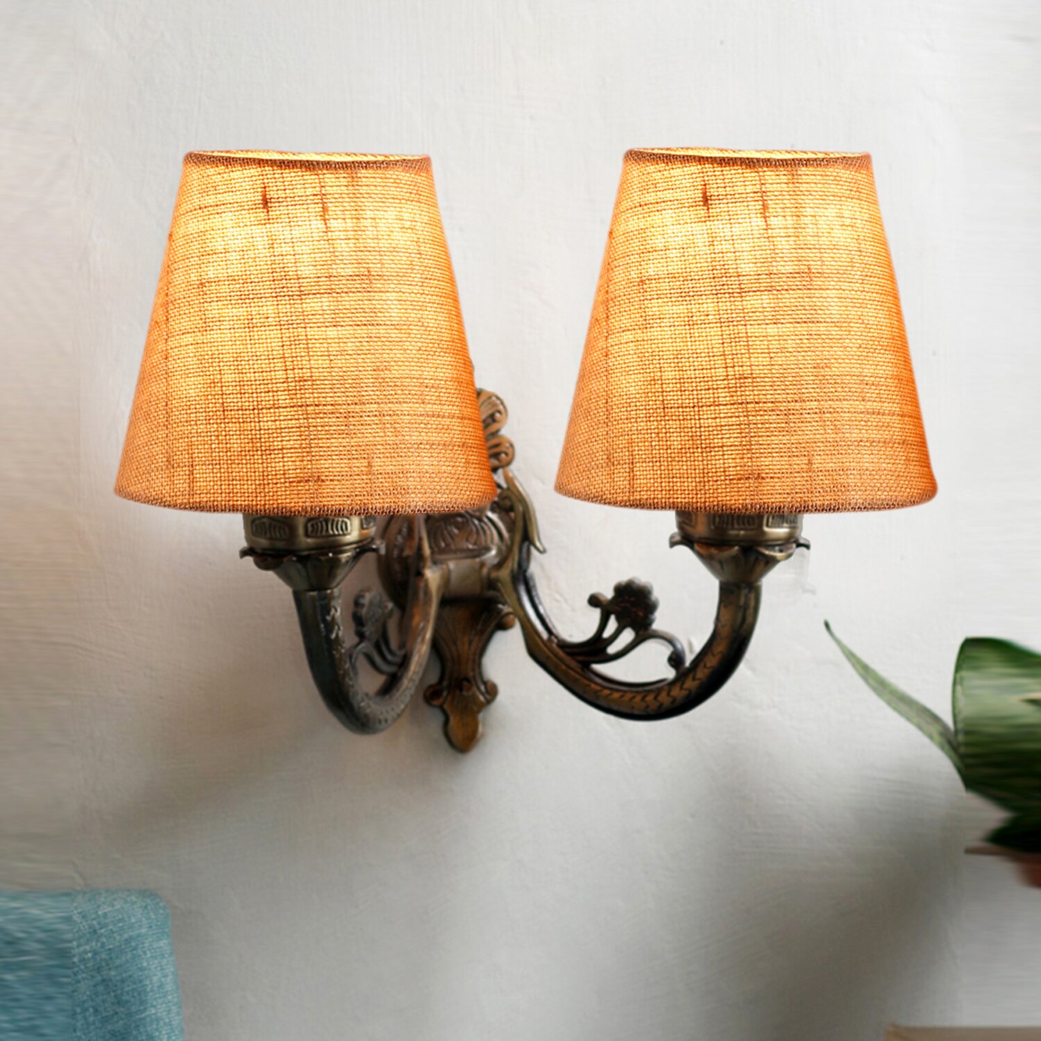 Devansh Metal Electric Wall Light in Antique Gold Colour with Beige Shade Count of 2 Lights - Devansh