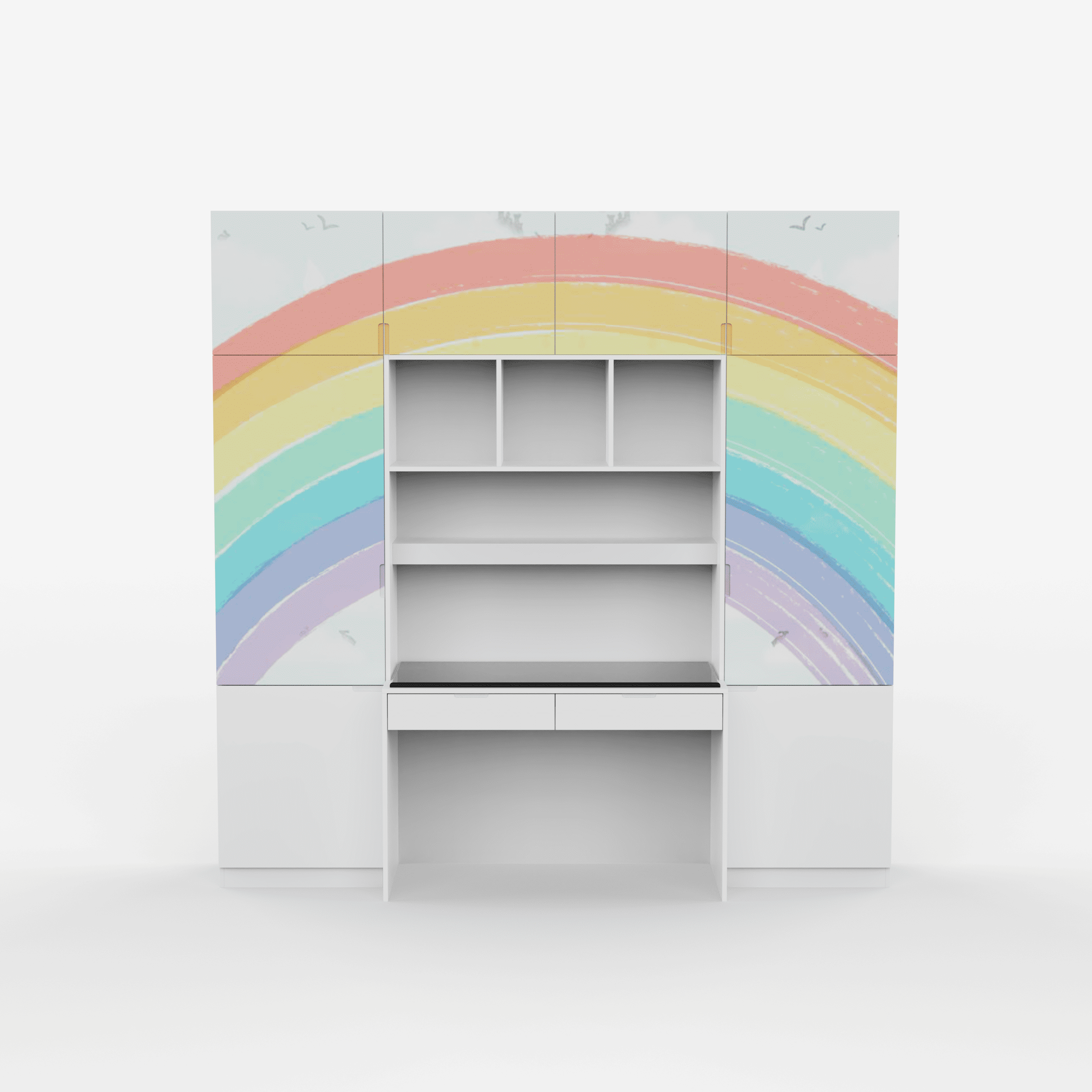Rainbow Trails Study Table With Drawers, Cabinter And Multiple Storage In White Colour