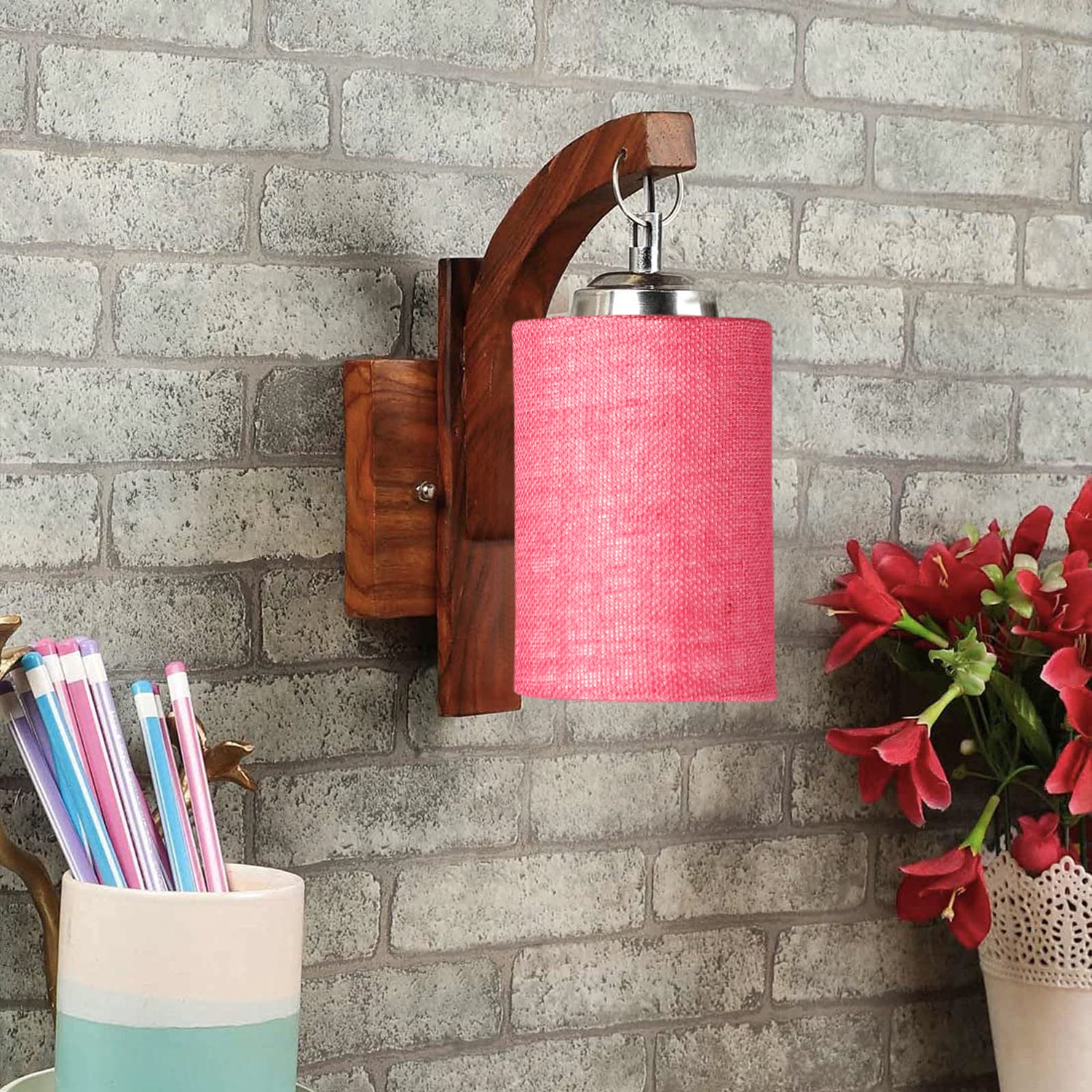 Devansh Solid Wood Electric Wall Light in Brown Colour with Pink Shade Count of 1 Light - Devansh