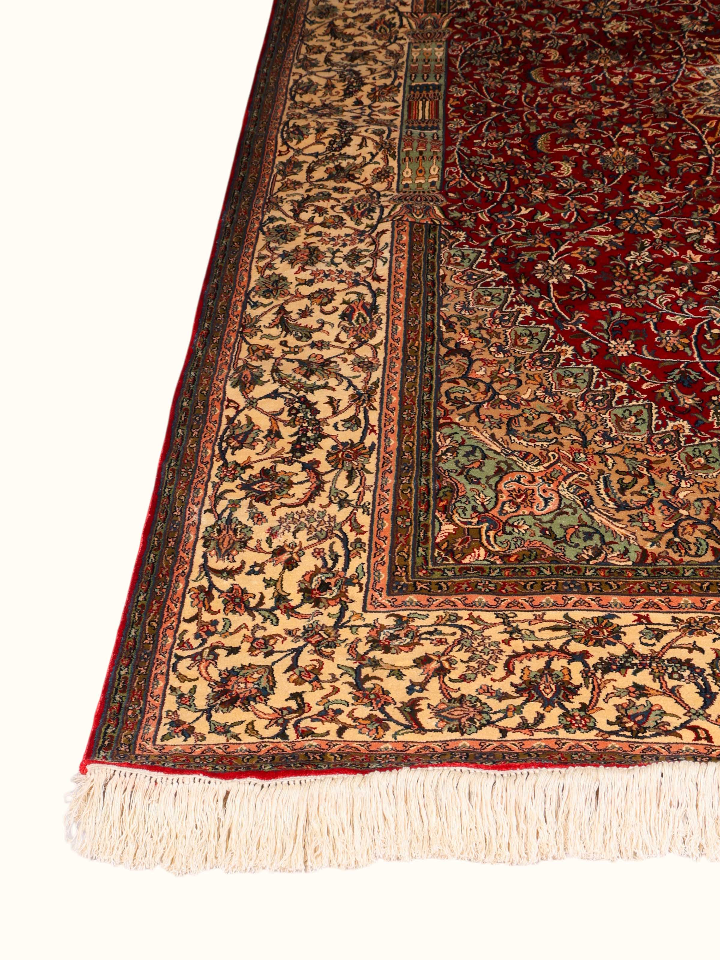 Traditional Persian Red Ivory Kashan Kashmir Silk Hand-Knotted Carpet