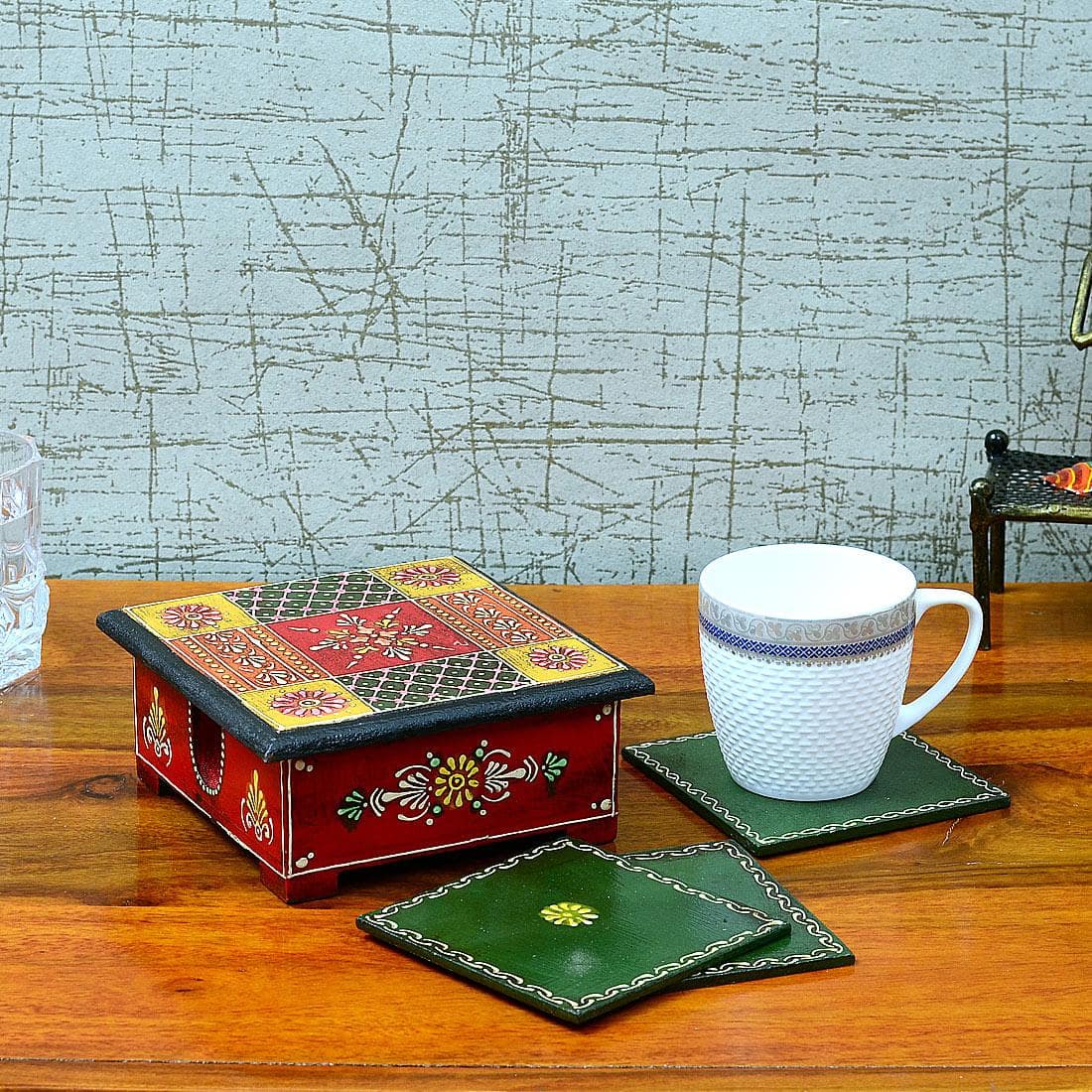 Desert Art MDF Hand Painted Red Tea Coaster Set with 6 Coasters and Holder - Desert Art