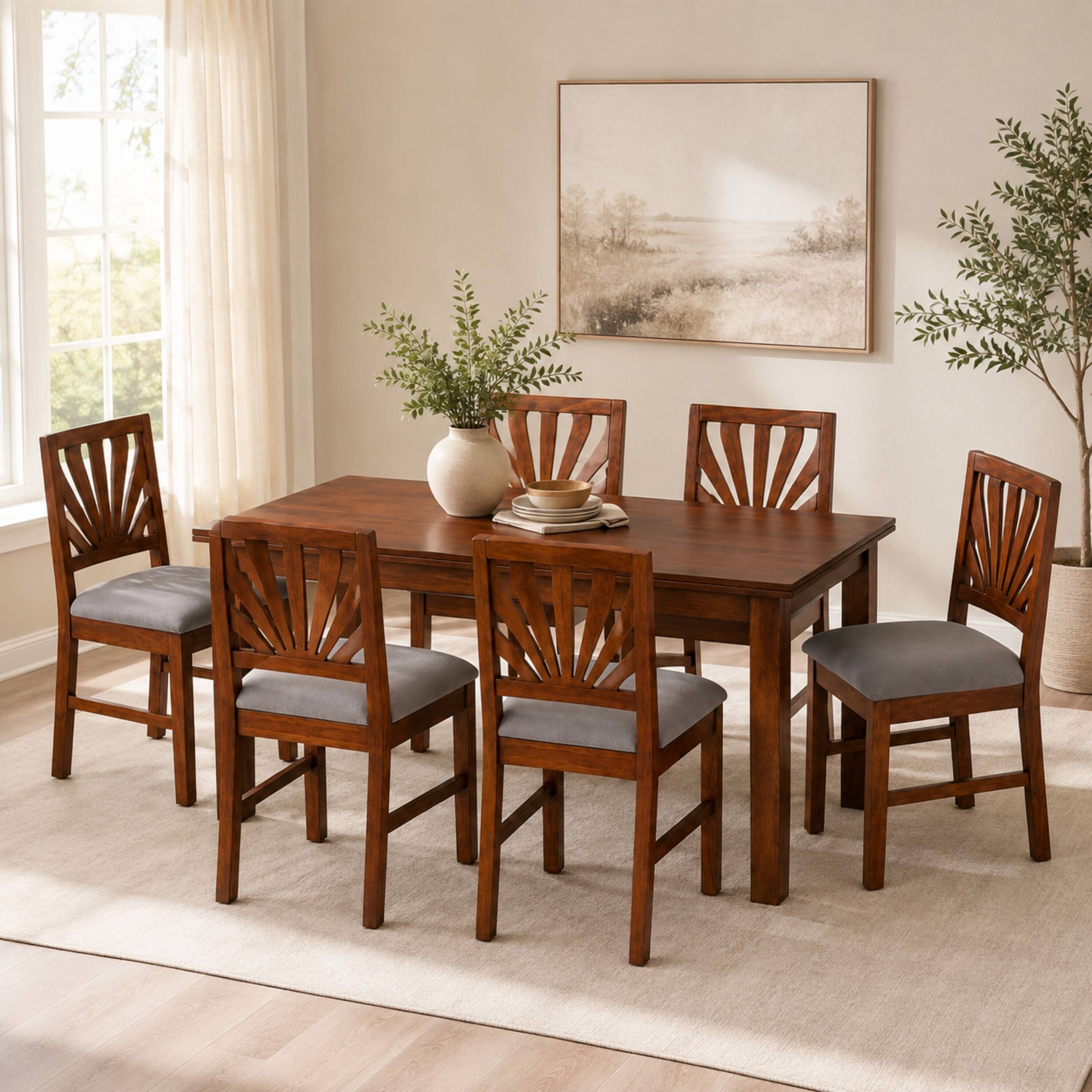 Globally Indian Vedika Solid Sheesham Wood 6 Seater Dining Table Set 6 Chairs Grey