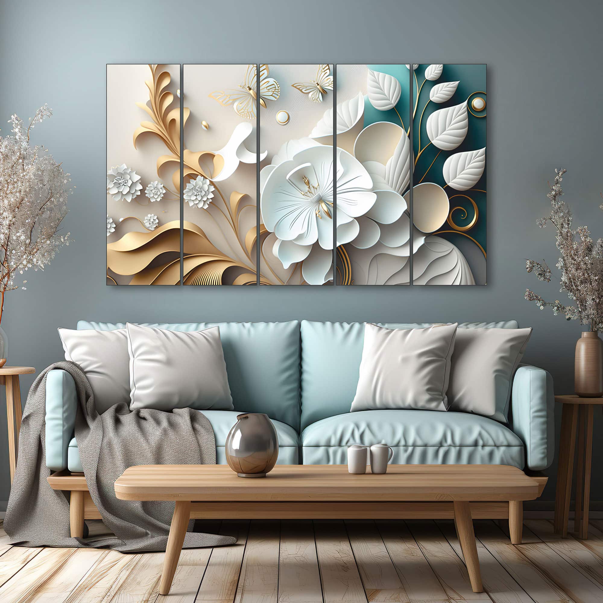 The Castle Decor White Flower European Wall Art Framed Painting 27x48 Inch - The Castle Decor