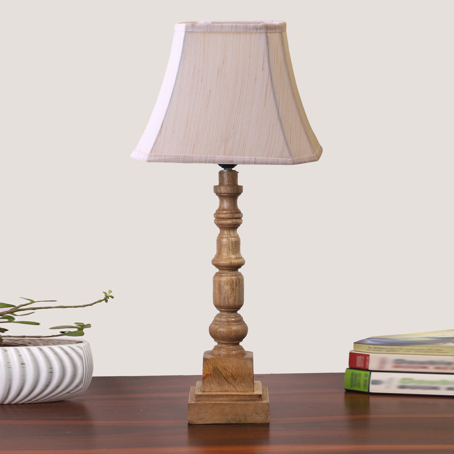 Devansh Off-White Cotton Vintage  Lamp With Wood Base (12X8X24)