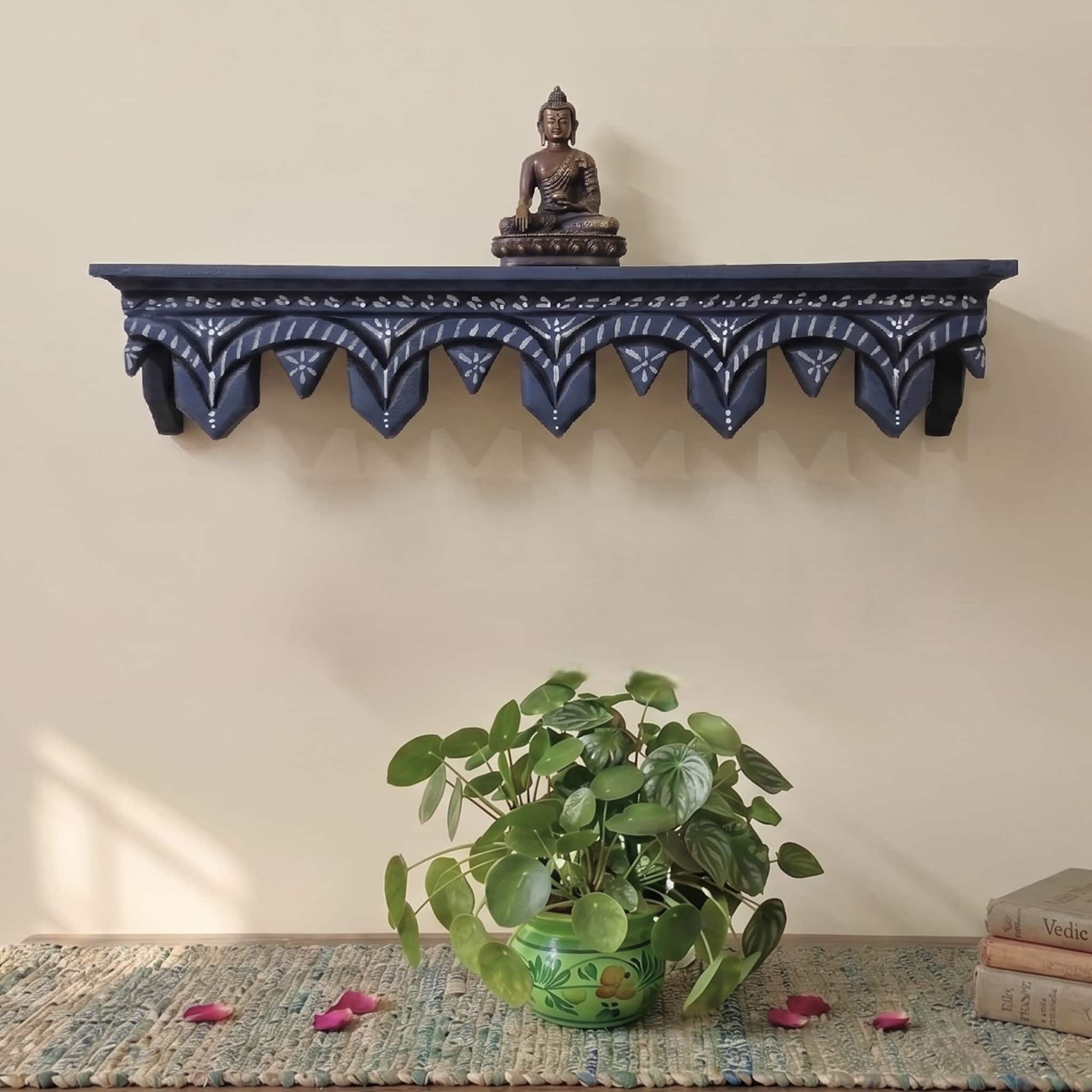 Multishade Colour Solid Wood Handcarved Mudrita Floating Wall Shelf with distres finish by DisooFashions - Disoo Fashions