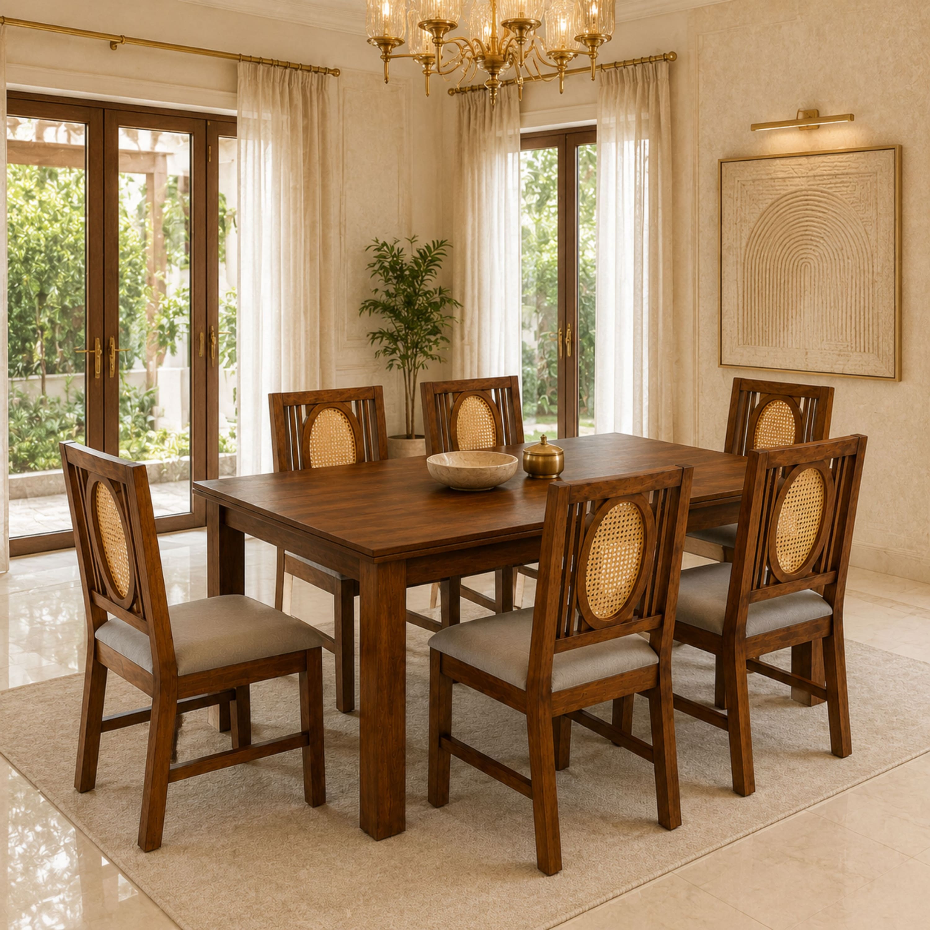 Globally Indian Bastien Solid Sheesham Wood 6 Seater Dining Table Set 6 Chairs Grey
