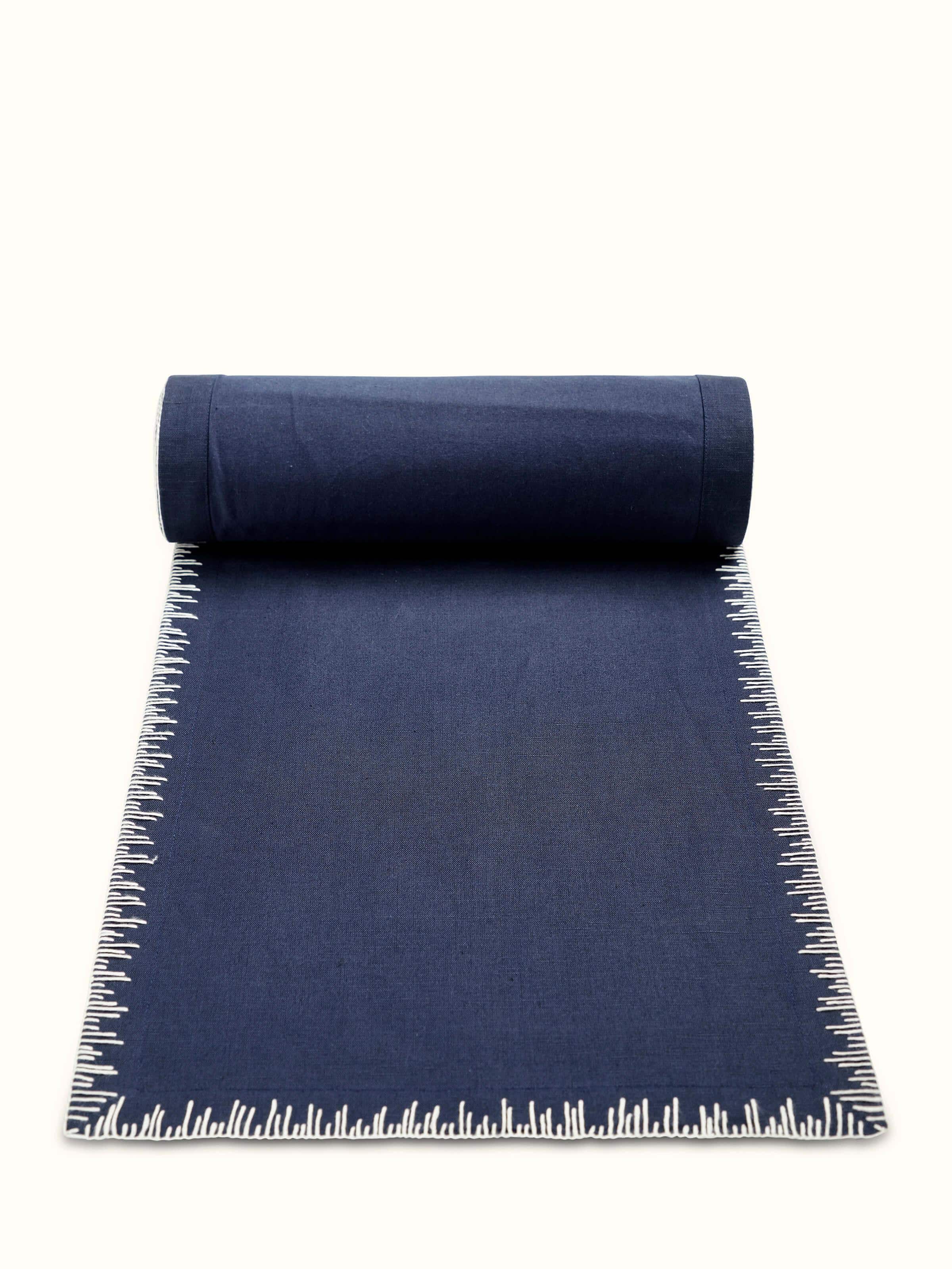 Parvat Indigo Edge Stitch Linen Cotton Hand Embroidered Table Runner