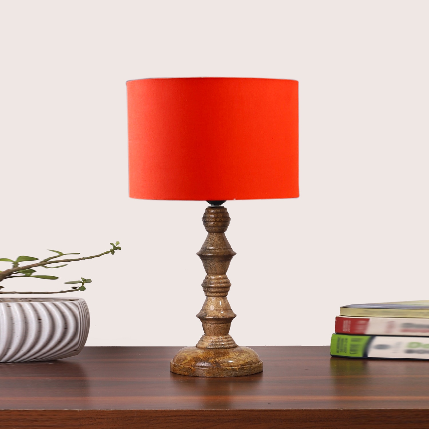 Devansh Orange Cotton Table Lamp With Wood Natural Base (7X7X15.5 Inches)-5
