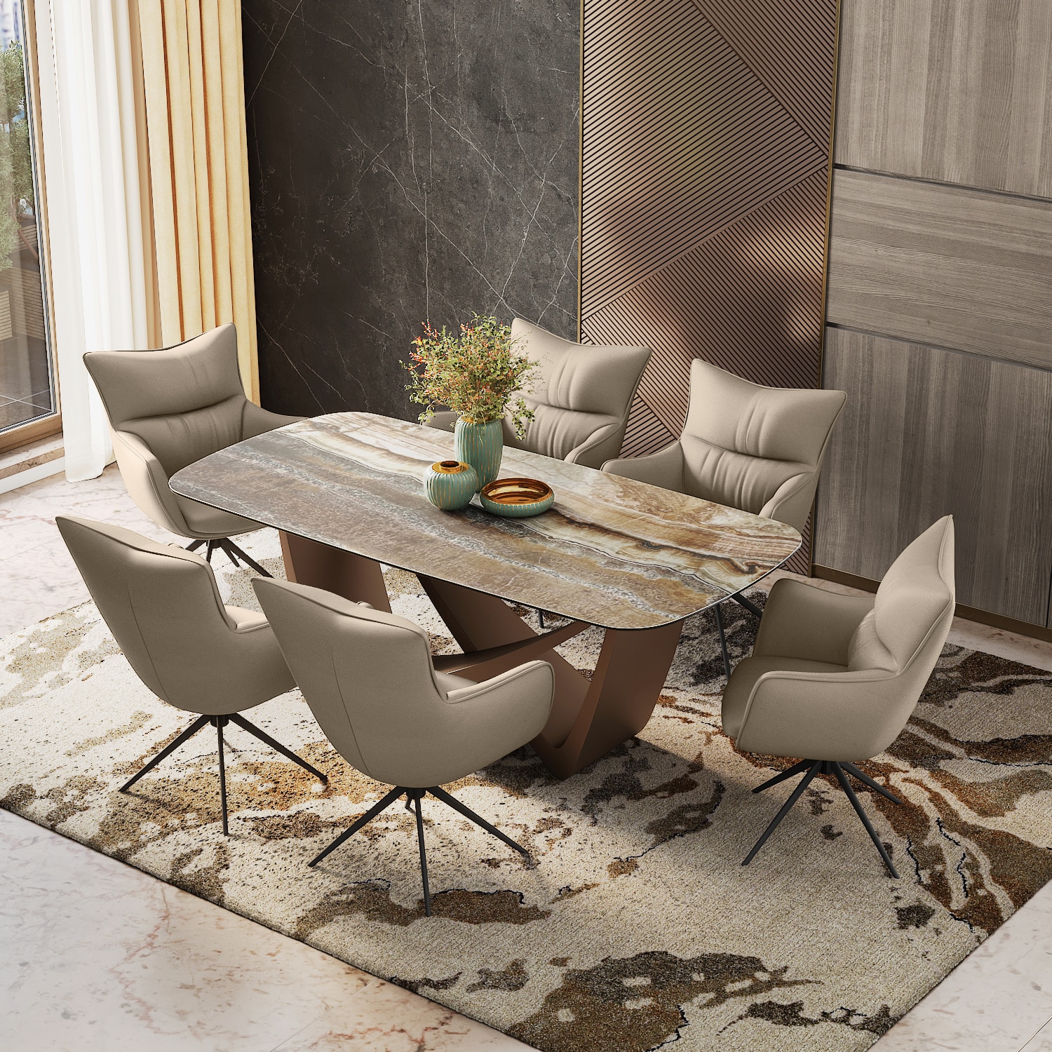 Paloma 6 Seater Jupiter Spanish Ceramic Dining Table With 6 Beck Dining Chairs (Finish : Jupiter Spanish Ceramic, Chair Colour : Taupe Leatherette)