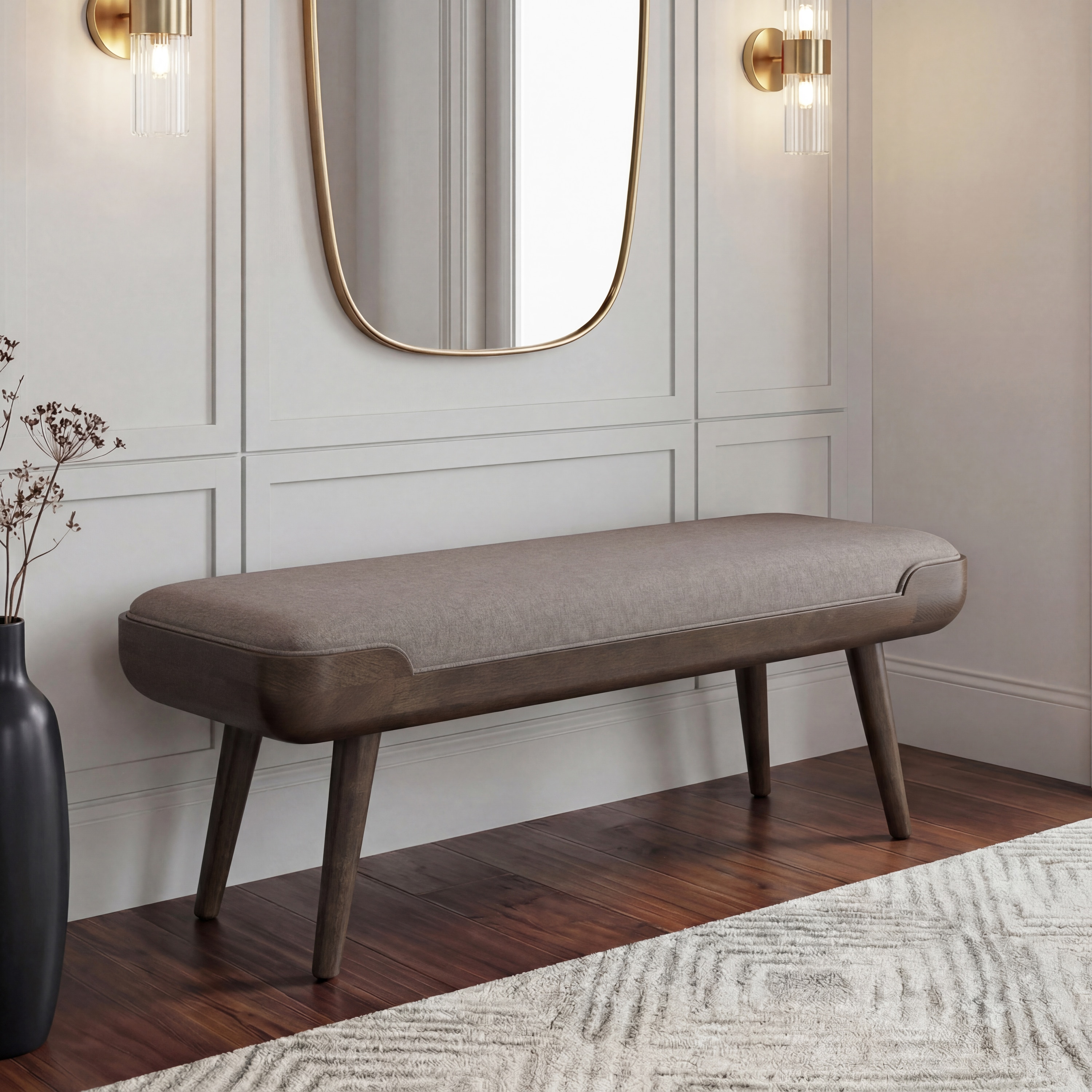 Nuvo Solid Wood Upholstered Bench In Danish Walnut Finish and Shitake Beige Colour