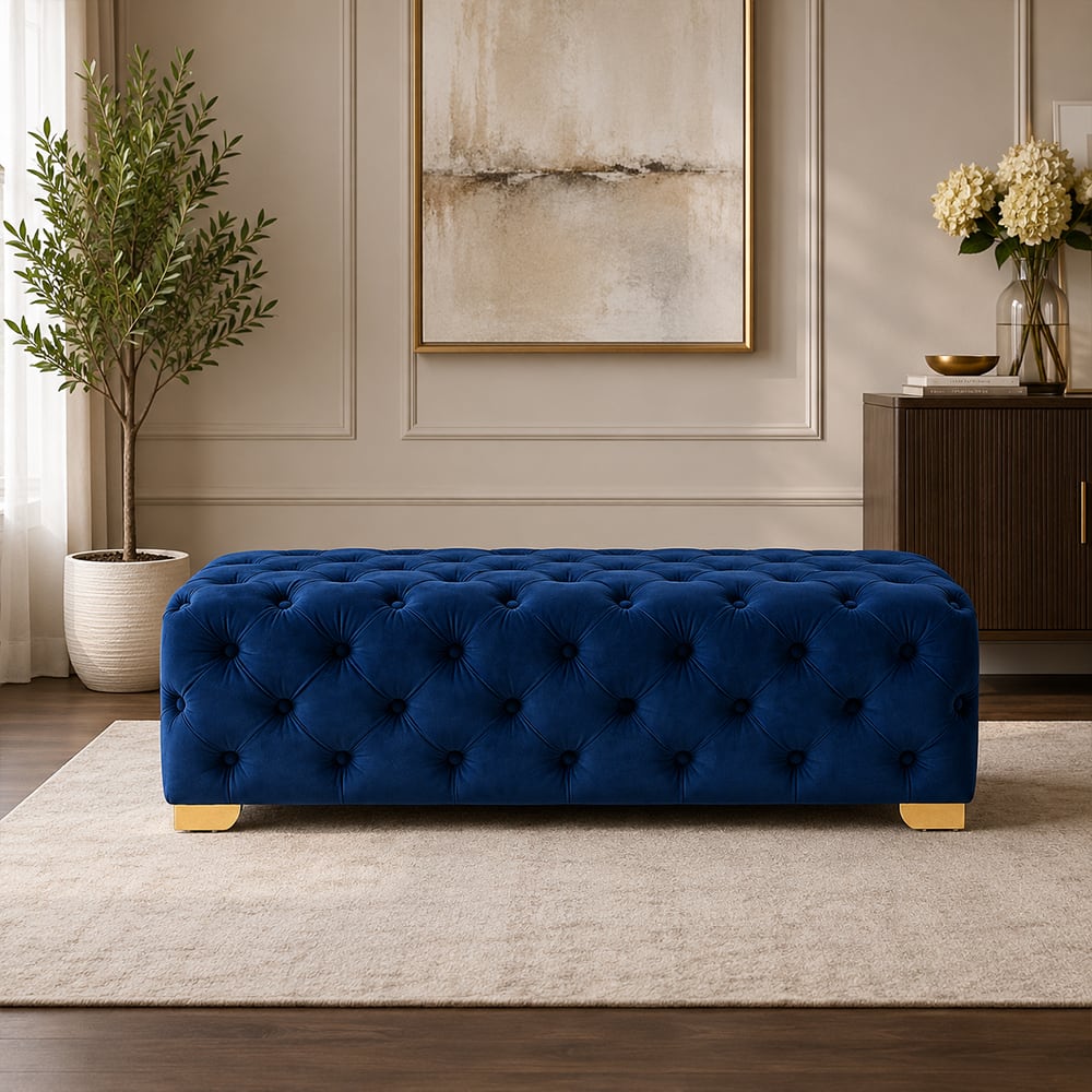 Doe Buck Velvet Tufted Bench in Blue Colour with Gold Base - Doe Buck