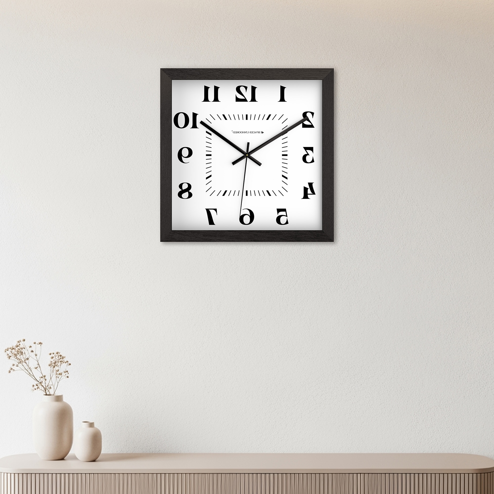 Spaces Unhooked Reversed Numeral Square Wooden Wall Clock