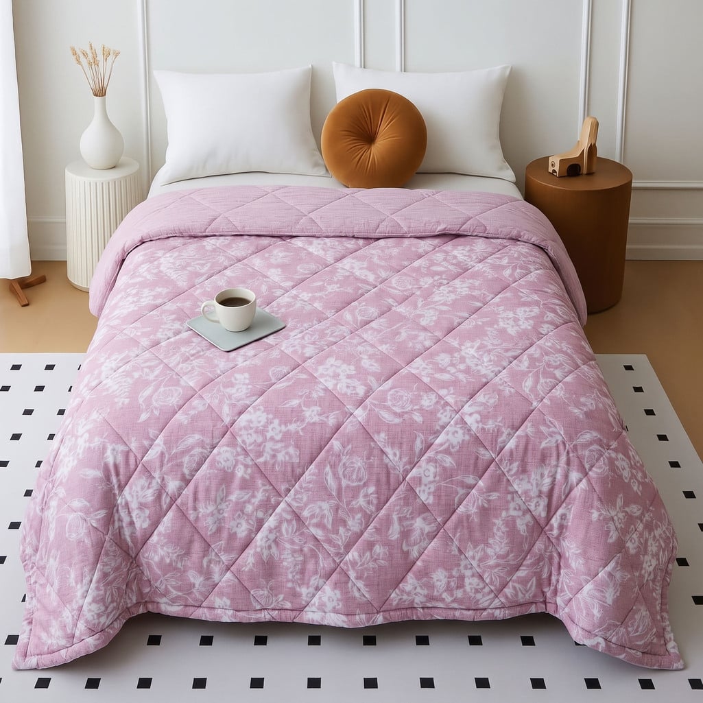 Pink Floral Comforter Quilted Reversible Cotton 350 Gsm Double Bed 240 X 220 Cms