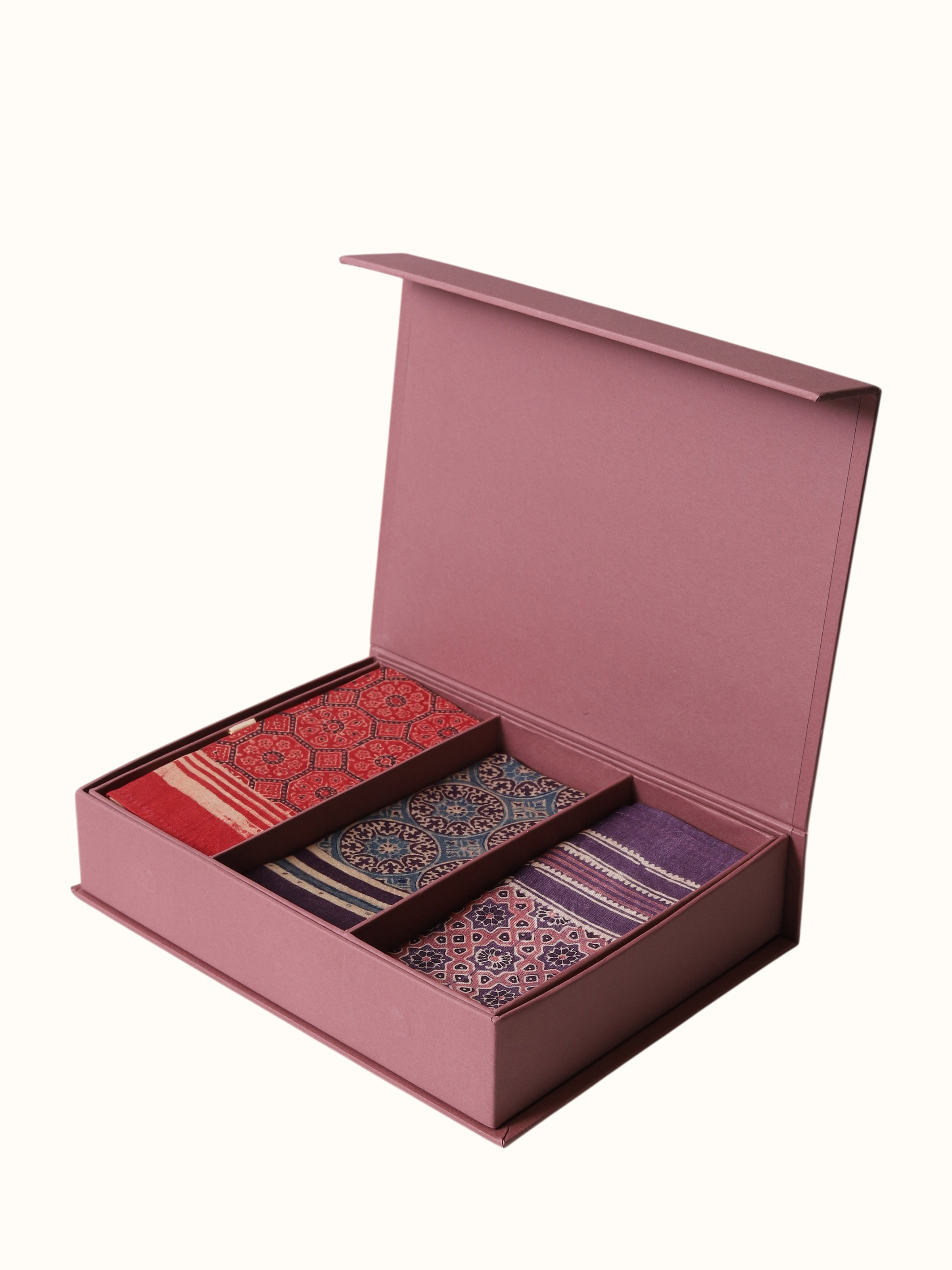 Assorted Silk Ajrakh Block Printed Pocket Squares Gift Set (3Pcs)