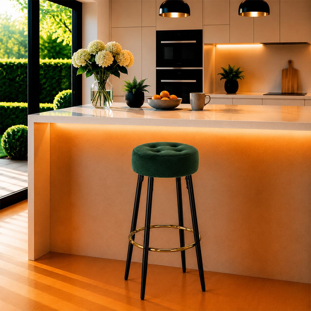 Doe Buck Tufted Counter Height Bar Stool in Green Colour with Gold Footrest - Doe Buck