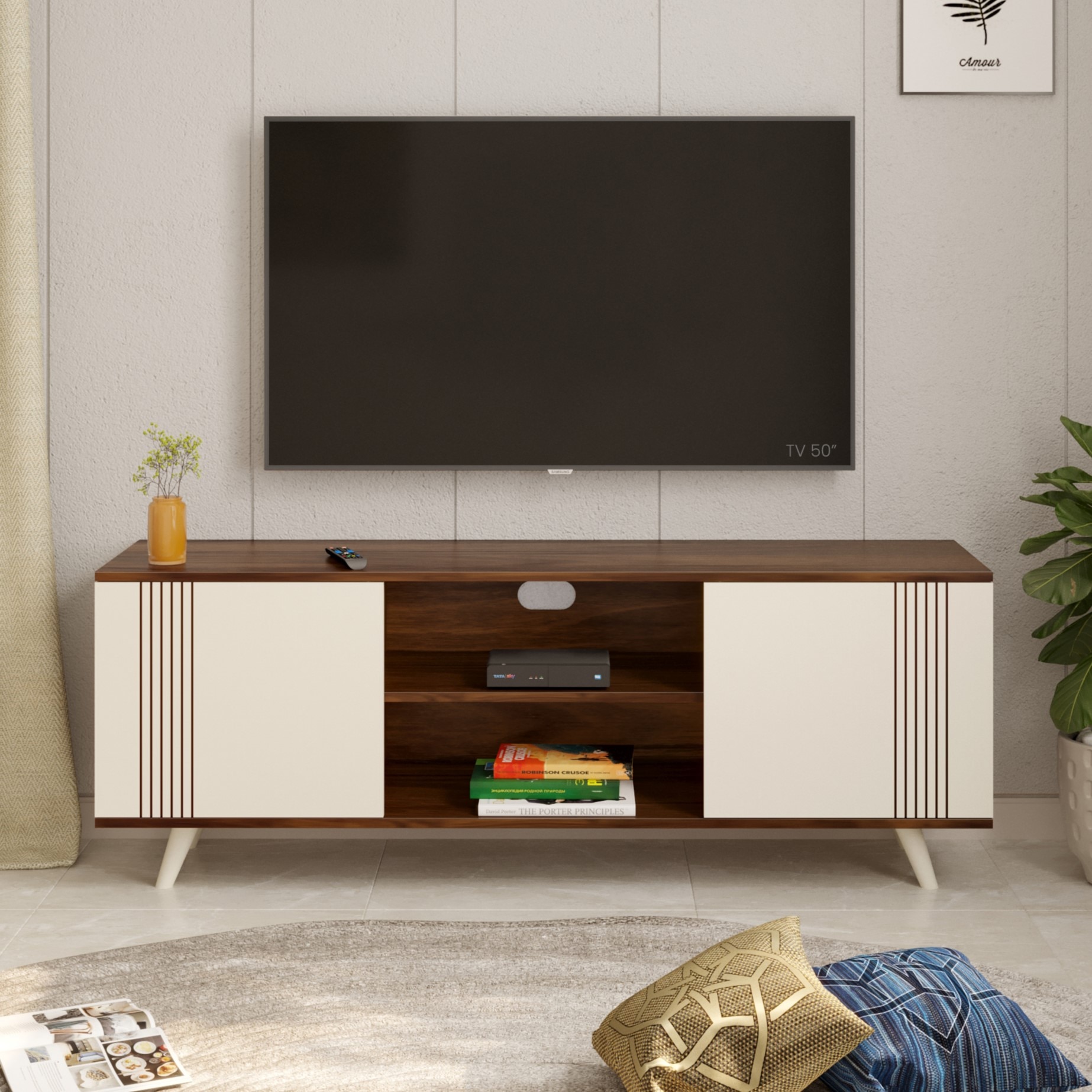 BLUEWUD Harmond Engineering Wood Floor Standing TV Entertainment Unit Set Top Box Stand/TV Cabinet Panel with Shelves for Books & D�cor Display Unit Bed Living Room Upto 55" (Brown Maple & White)