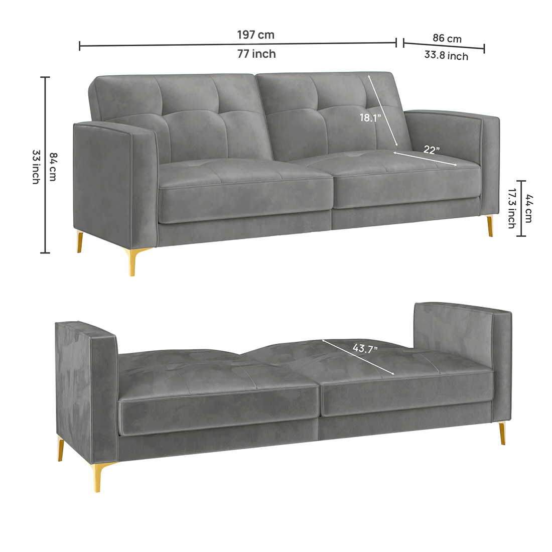 Novelle 3 Seater Velvet Sofa Cum Bed in Grey colour
