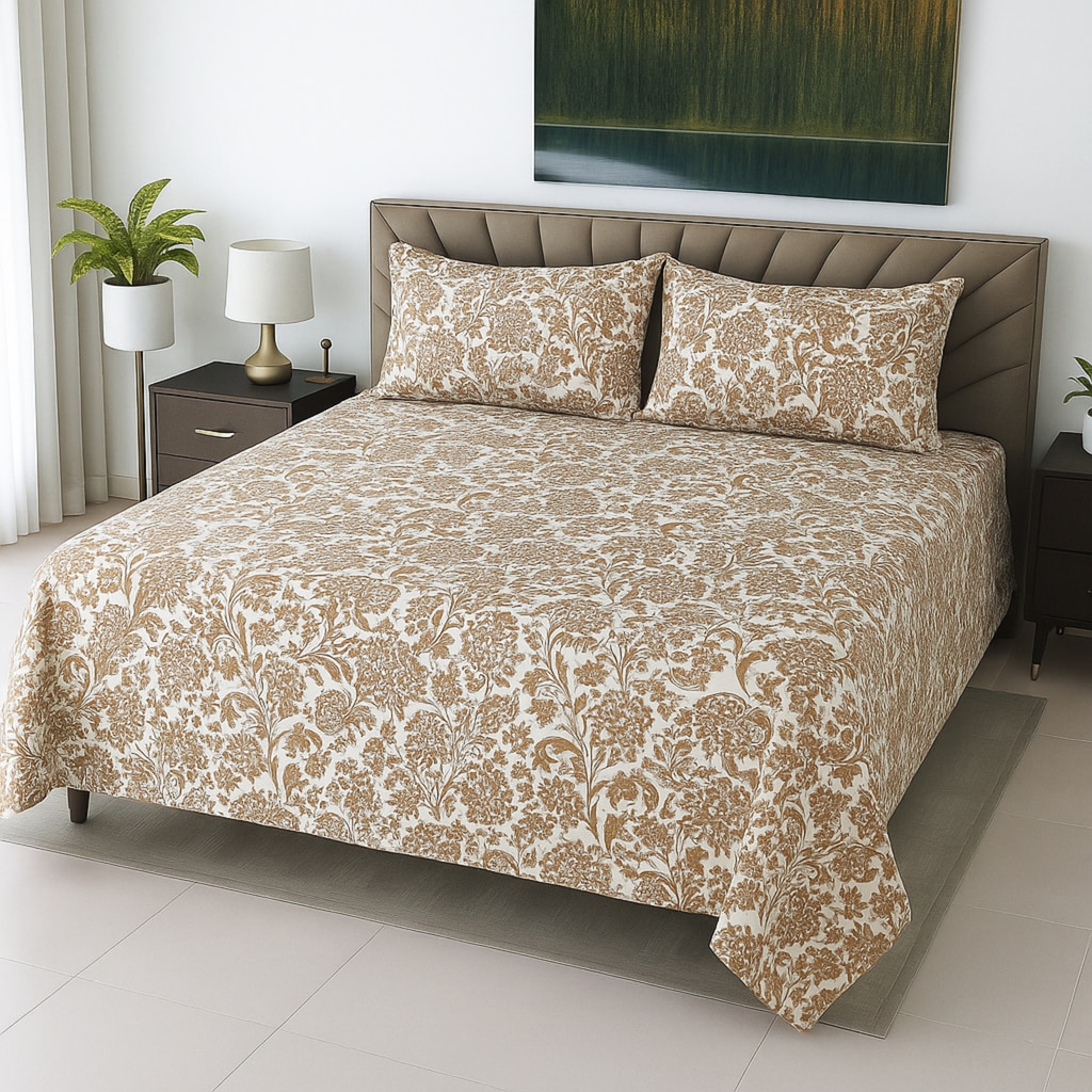 Off White & Light Coffee  Color Floral 400 TC Cotton Flat Super King Bed Size Bedsheet With 2 Pilllow Covers  Threads - Threads