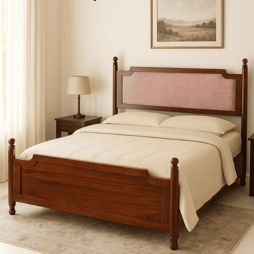 Camille Solid Wood Box Storage Queen Bed in Provincial Teak Finish with Pink Colour