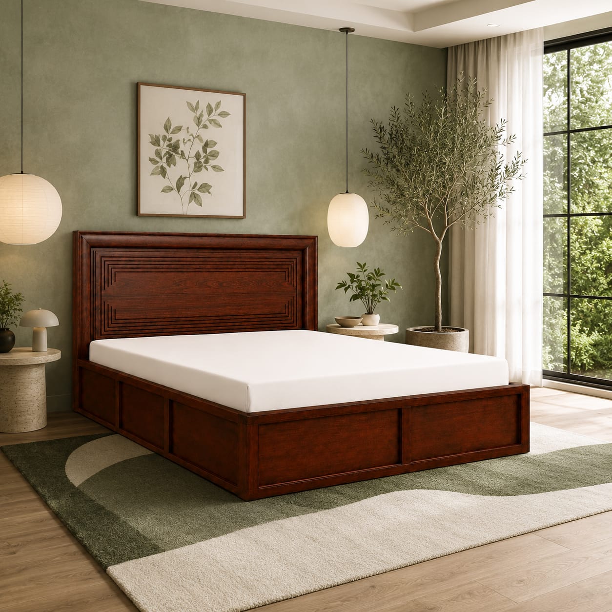 Eshaan Solid Wood Compact Queen Bed Hydraulic Storage Provincial Teak Finish Mattress 60 x 72 Inches - Globally Indian