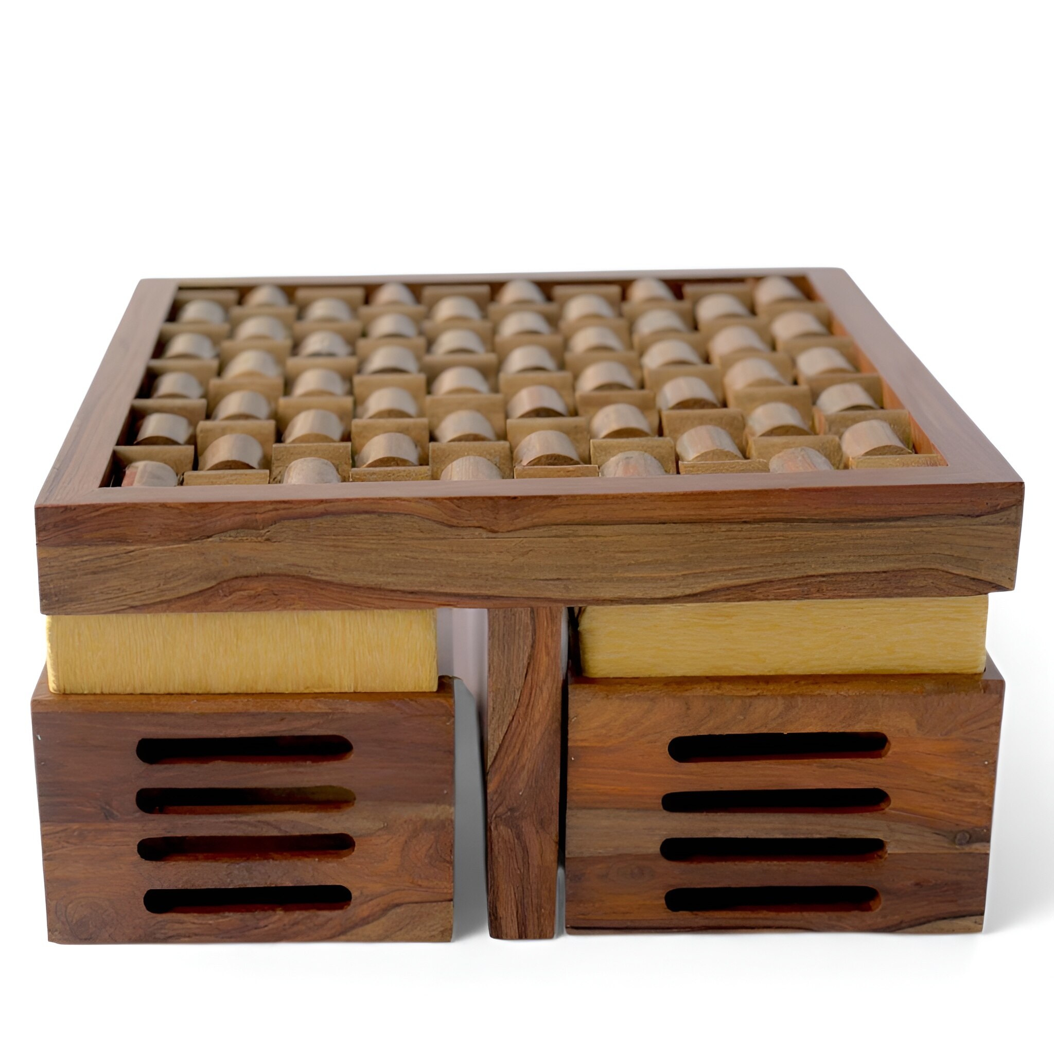 Nirva Sheesham Wood Accent Coffee Table Set With 4 Stools In Teak Finish With Beige Mossy Fabric Cushions