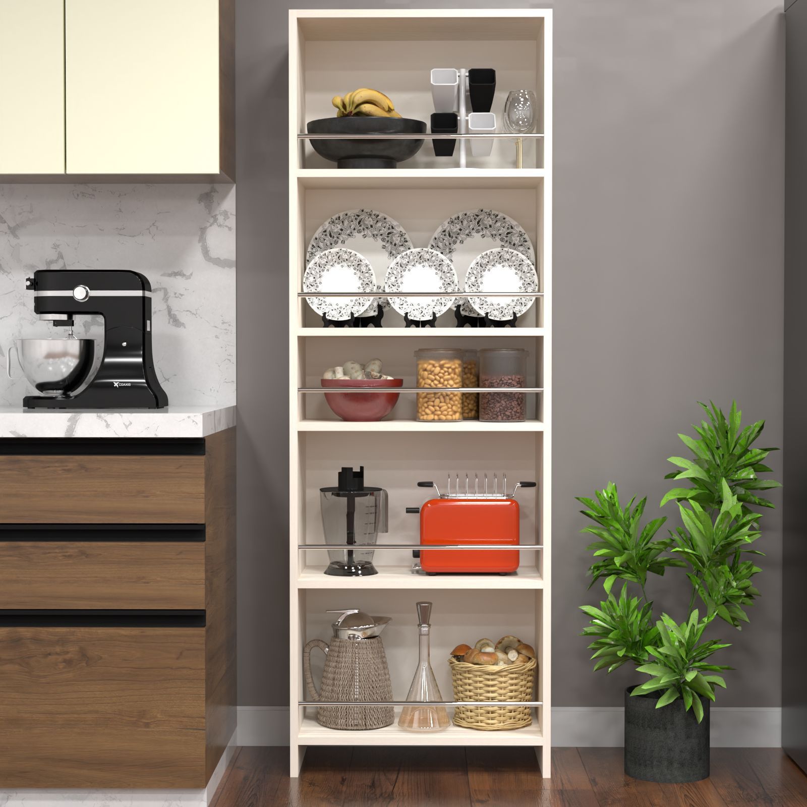 5 Open Shelves In Highland Pine Finish With Free Standing Tall Units.-image-15