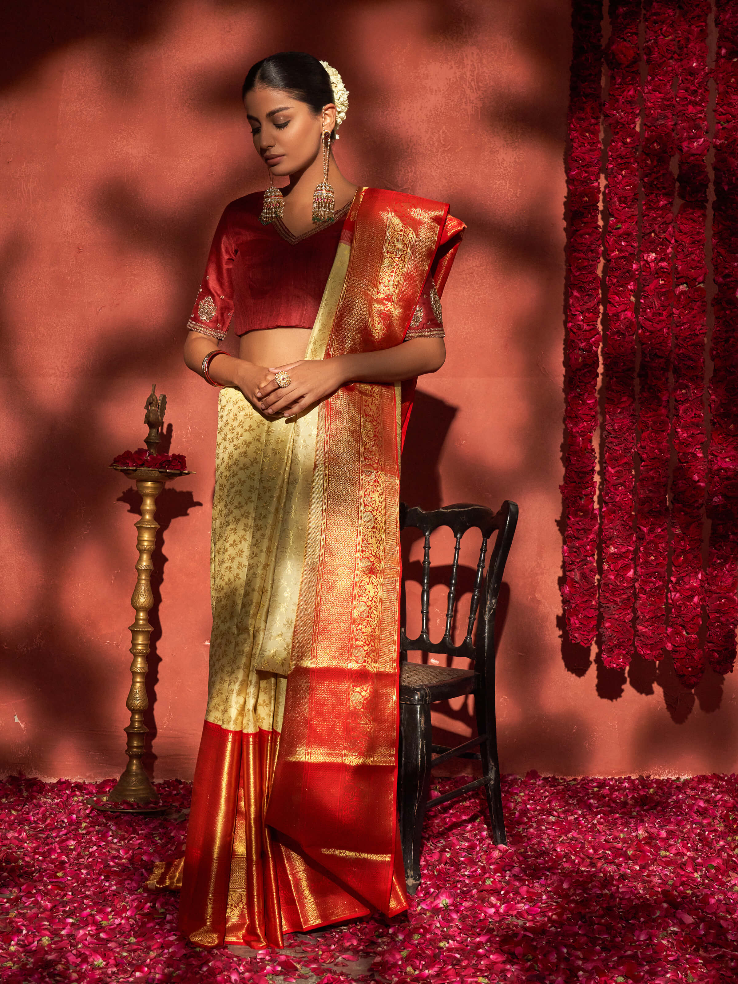 Side view of off-white silk Dharmavaram saree with elegant drape