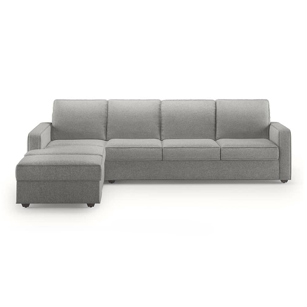 Apollo Fabric Sectional Sofa (Colour : Vapour Grey, Cushion : Hard, Back Type : Regular, Seating Capacity : Left Aligned 3 Seater + Left Aligned Chaise + Ottoman) - Urban Ladder