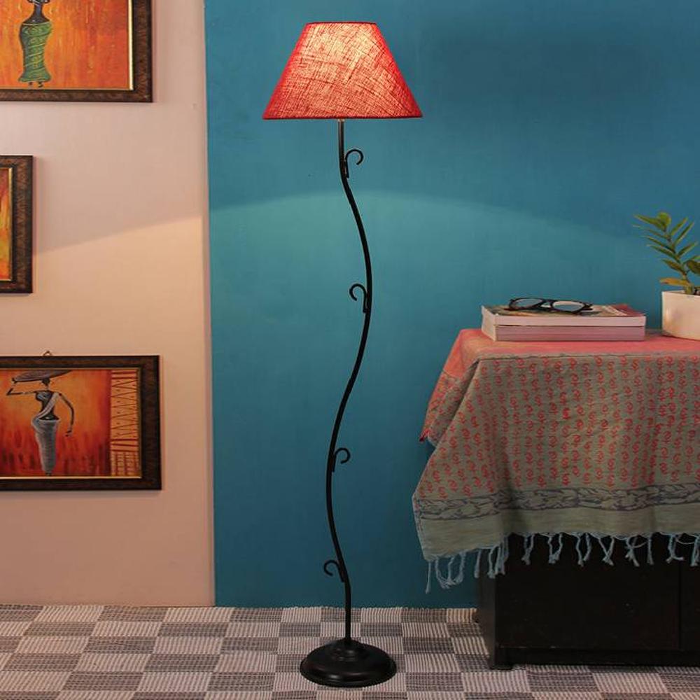 Ireen Maroon Natural Fiber Floor Lamp with Black Iron Base - Devansh