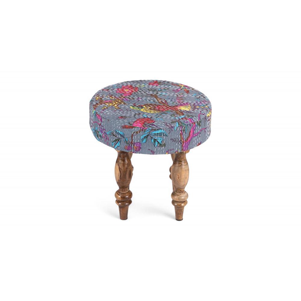 Roswell Sheesham Wood Mid Century Round Stool in Grey Brid Print Kantha Upholstery