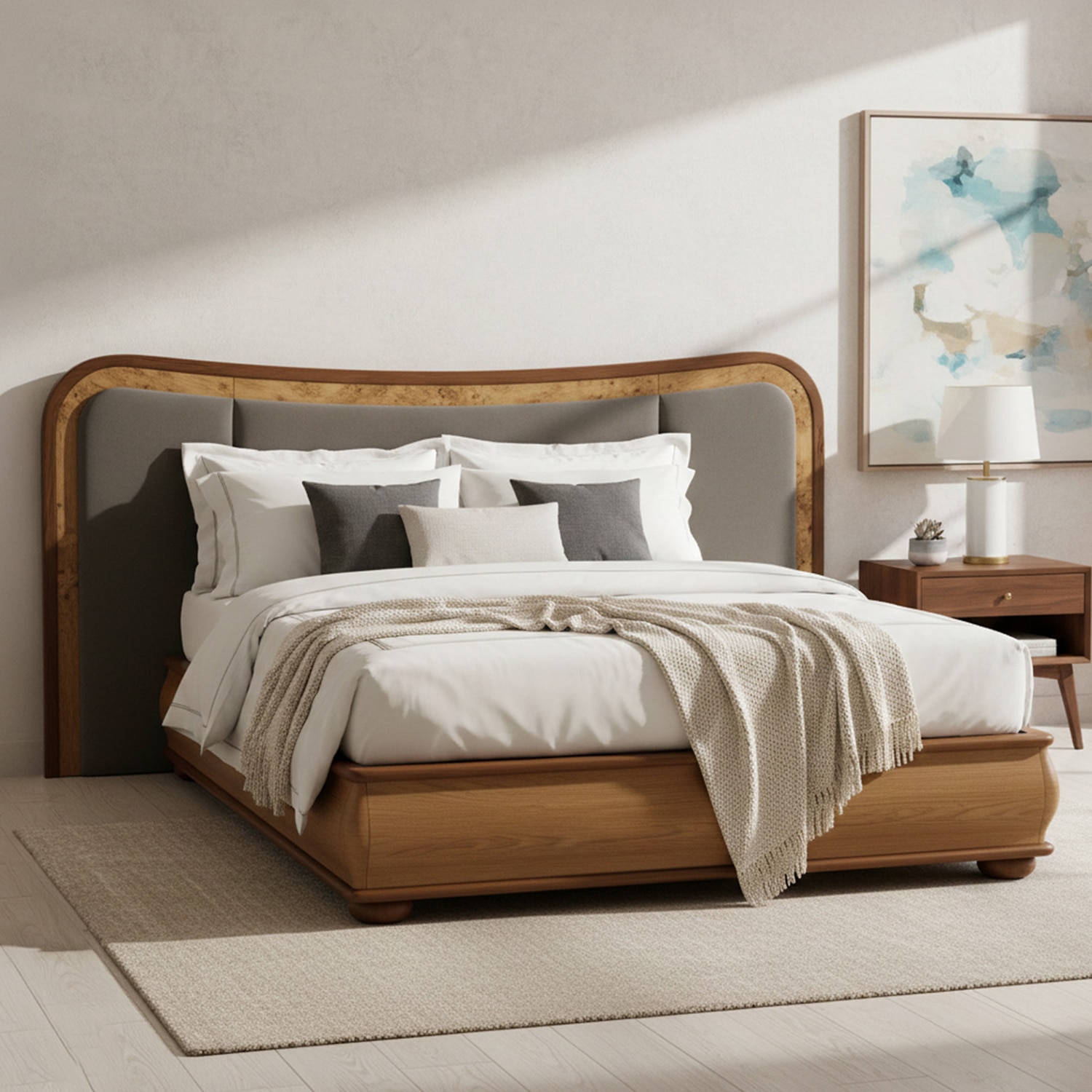 Elowen Softline Queen Size Bed in velvet With Oak wood Frame & Hydraulic Storage - Nestroots