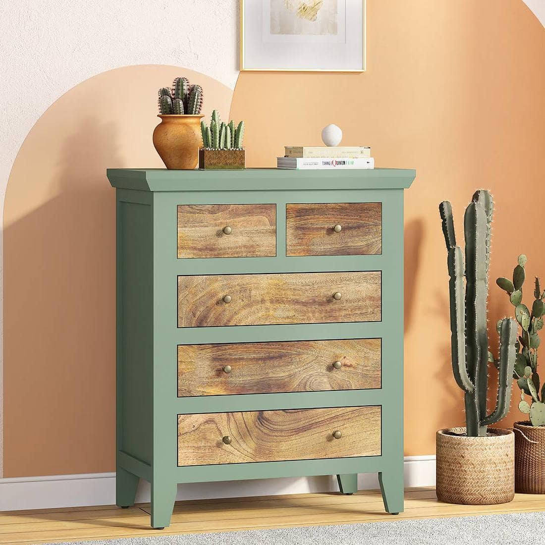 Avelin Chest of Drawer-Finish- Sage green with Burnt mango - Metal Channel