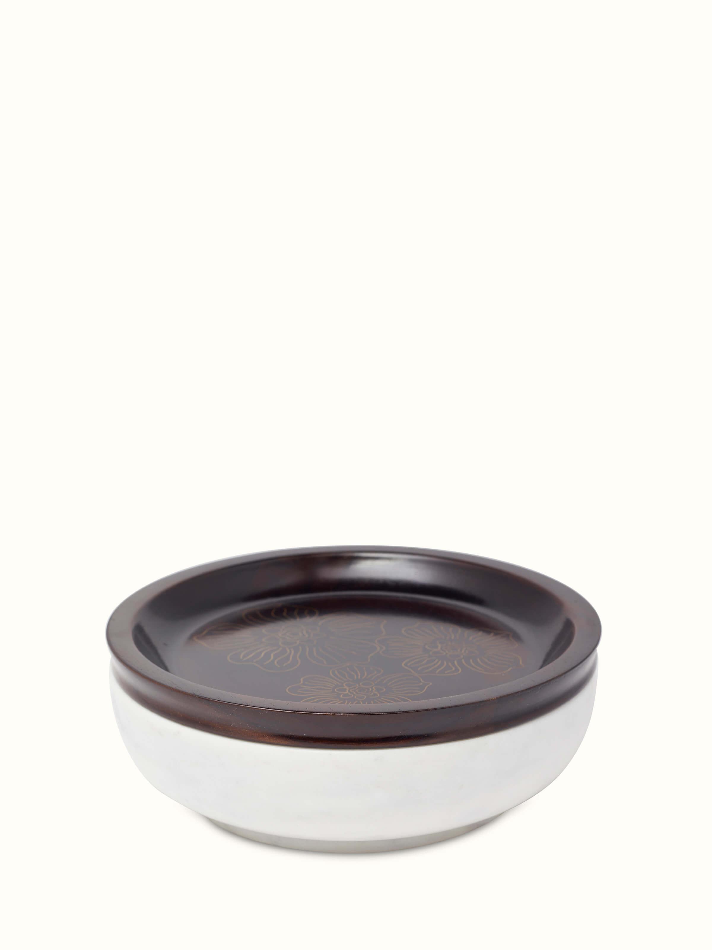 Front view of Tarkashi sheesham wood, marble & brass decorative container, highlighting the craftsmanship.