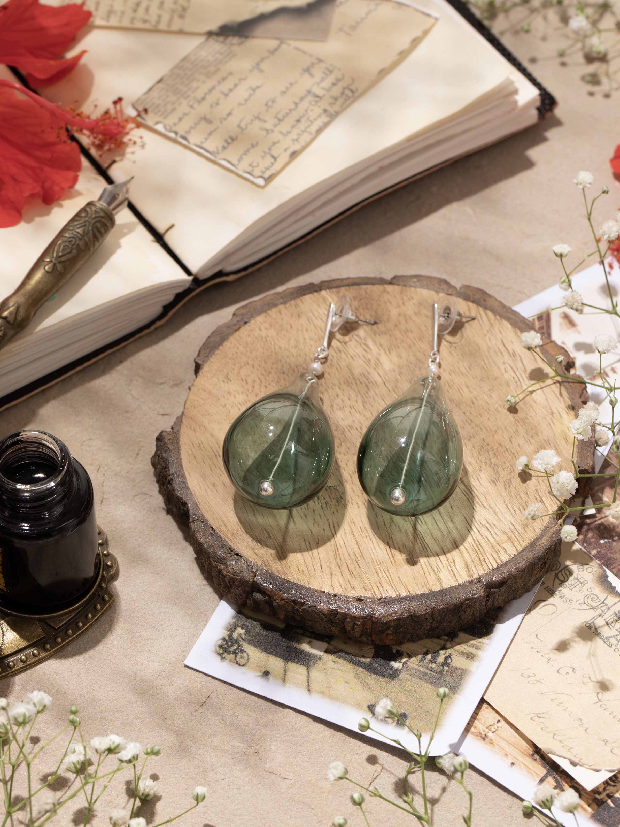 Silver Flame Glass Drop Earrings