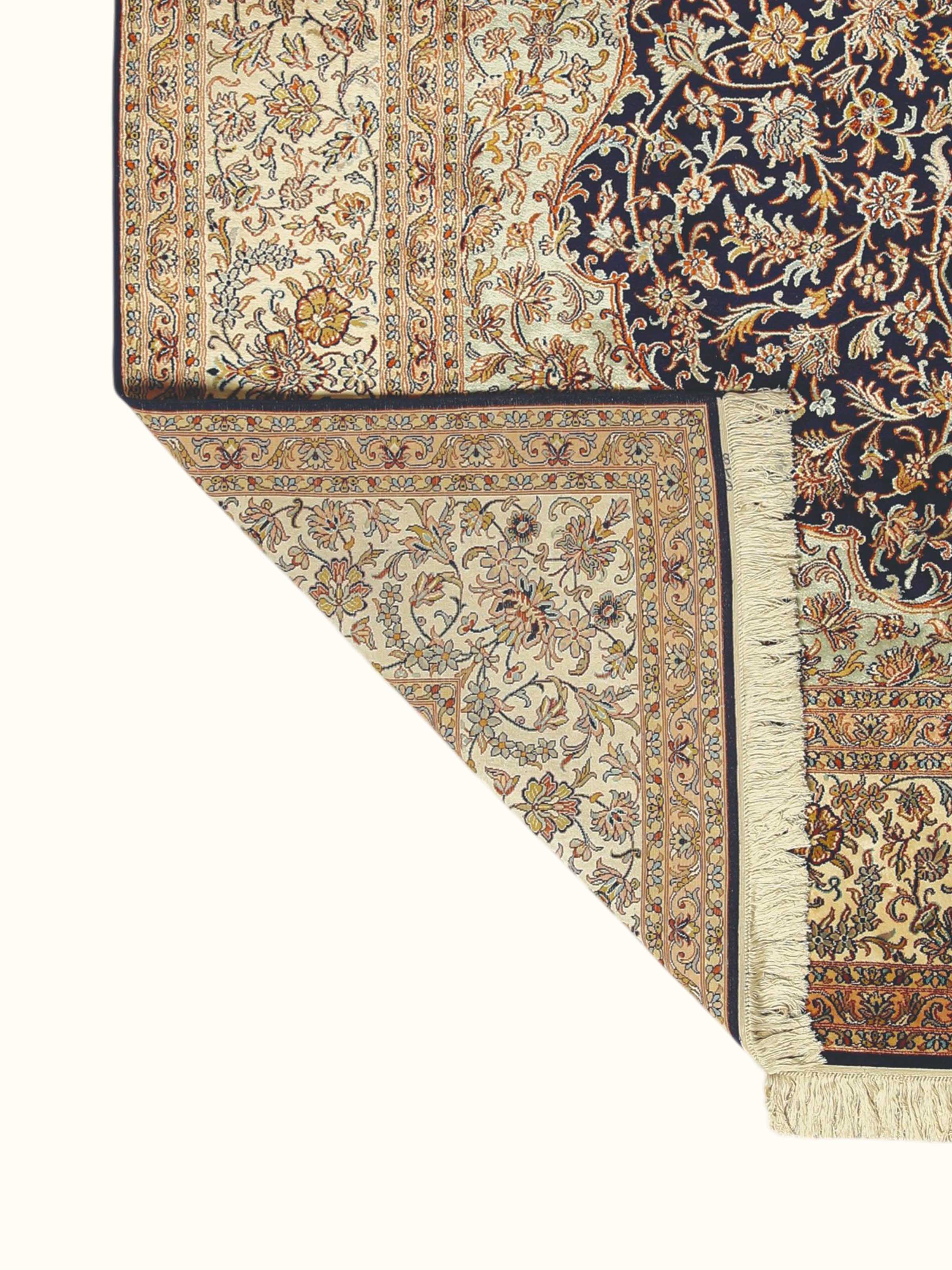 Traditional Persian Navy Ivory Kashan Kashmir Silk Hand-Knotted Carpet