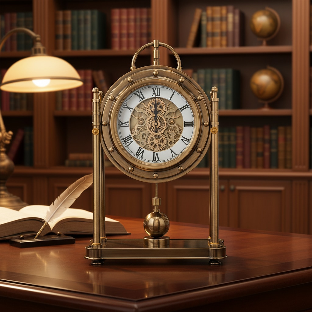 Vintage Mantel Clock Gold Metal Finish Roman Numerals Exposed Gears and Pendulum - Elare