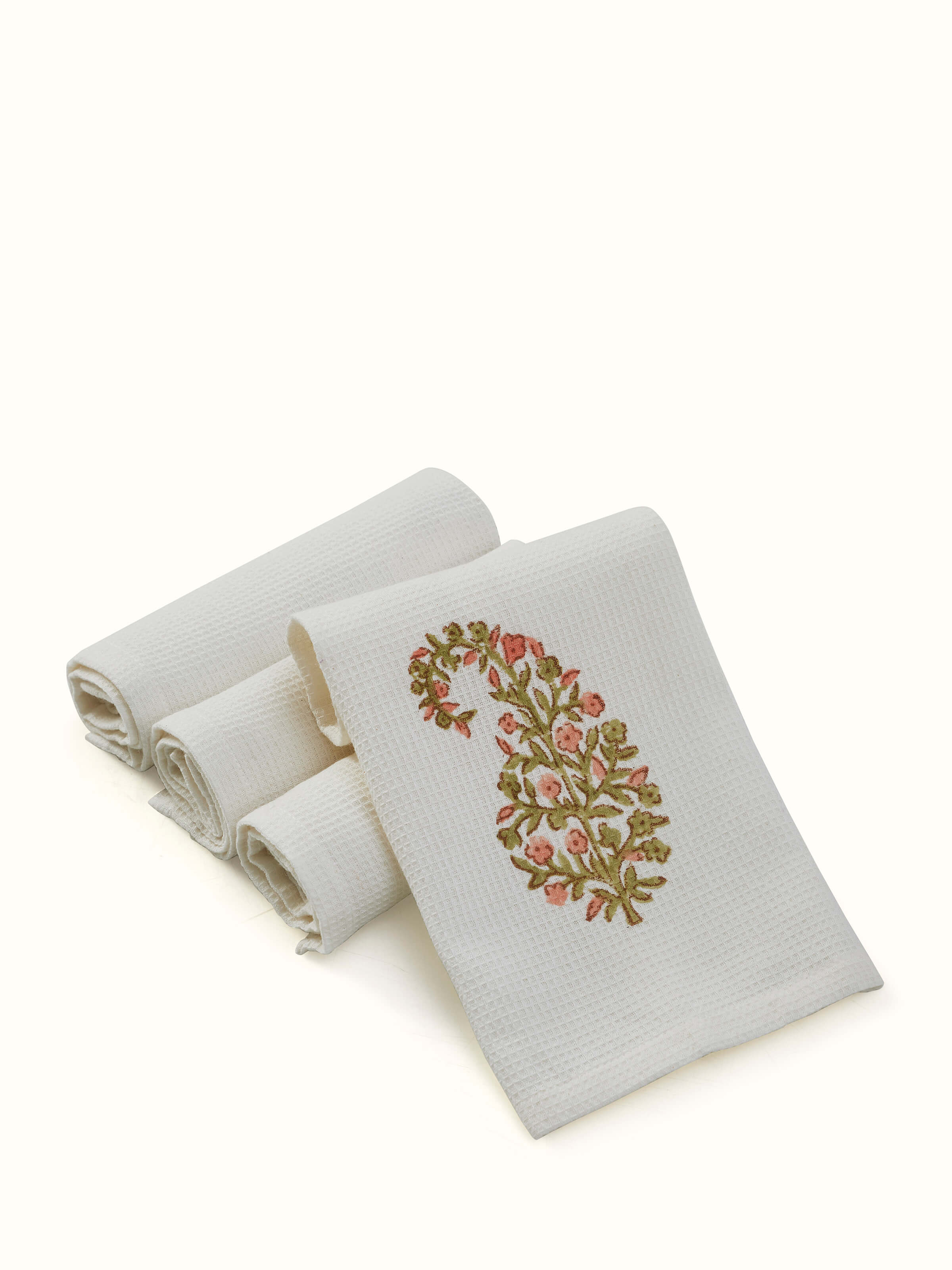 Front view of Ambi buta peach floral cotton Sanganeri block printed face towels (4 pcs) showcasing traditional design and craftsmanship