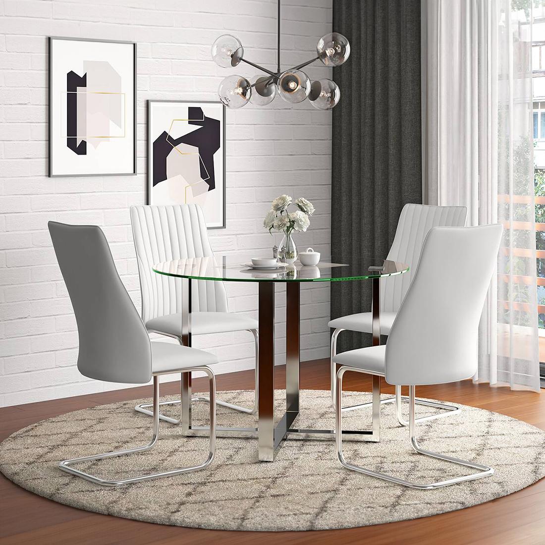 Sanchez 4 Seater Round Table With Set Of 4 Ingrid Dining Chairs (Finish- White)