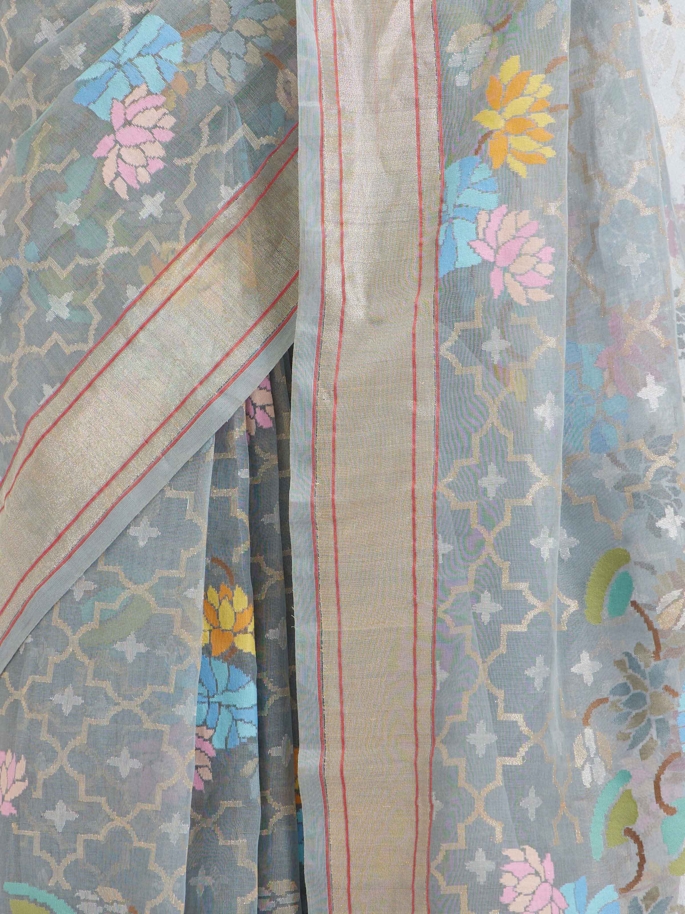 Grey Cotton Awadh Jamdani Banarasi Saree