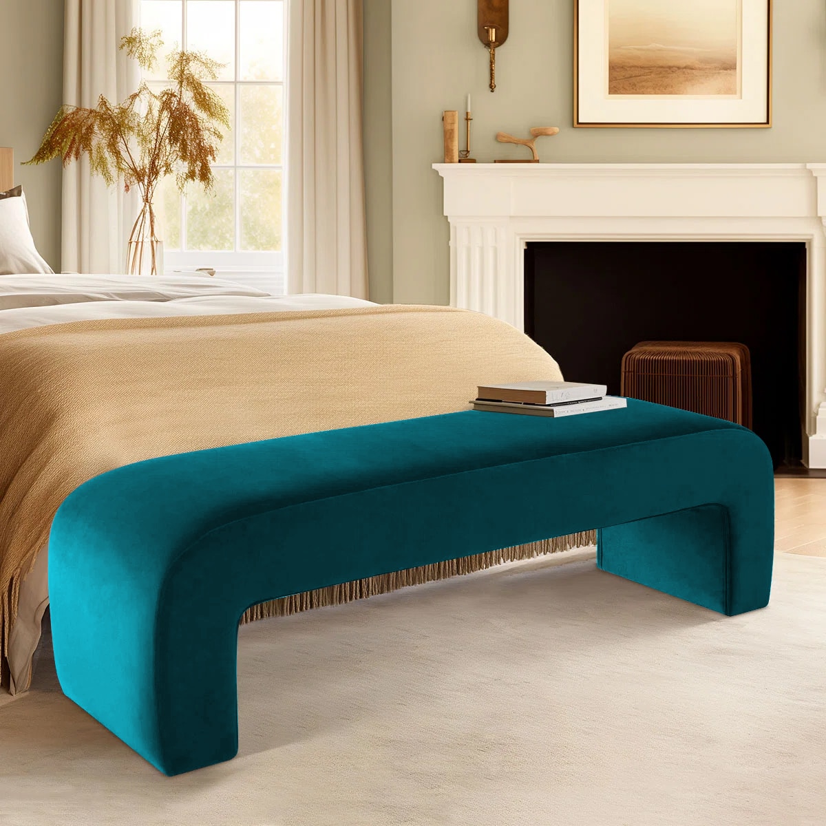 Floran Velvet 2 Seater Ottoman Bench in T Blue  Color - Home Lifestylez