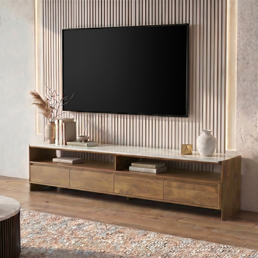 Tavo Solid Wood and Banswara TV Unit In Golden ash Finish - Urban Ladder