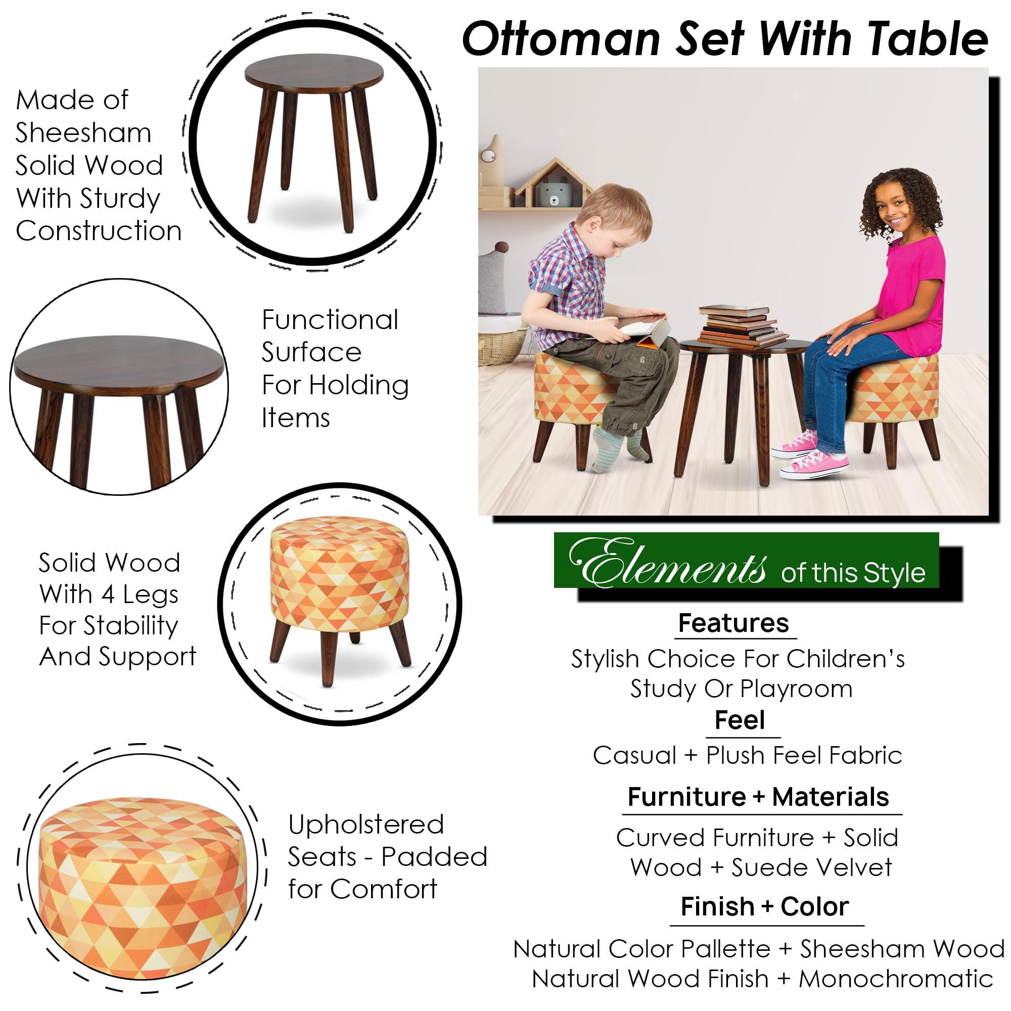 Cassian Solid Wood  Ottomon in  Yellow Colour