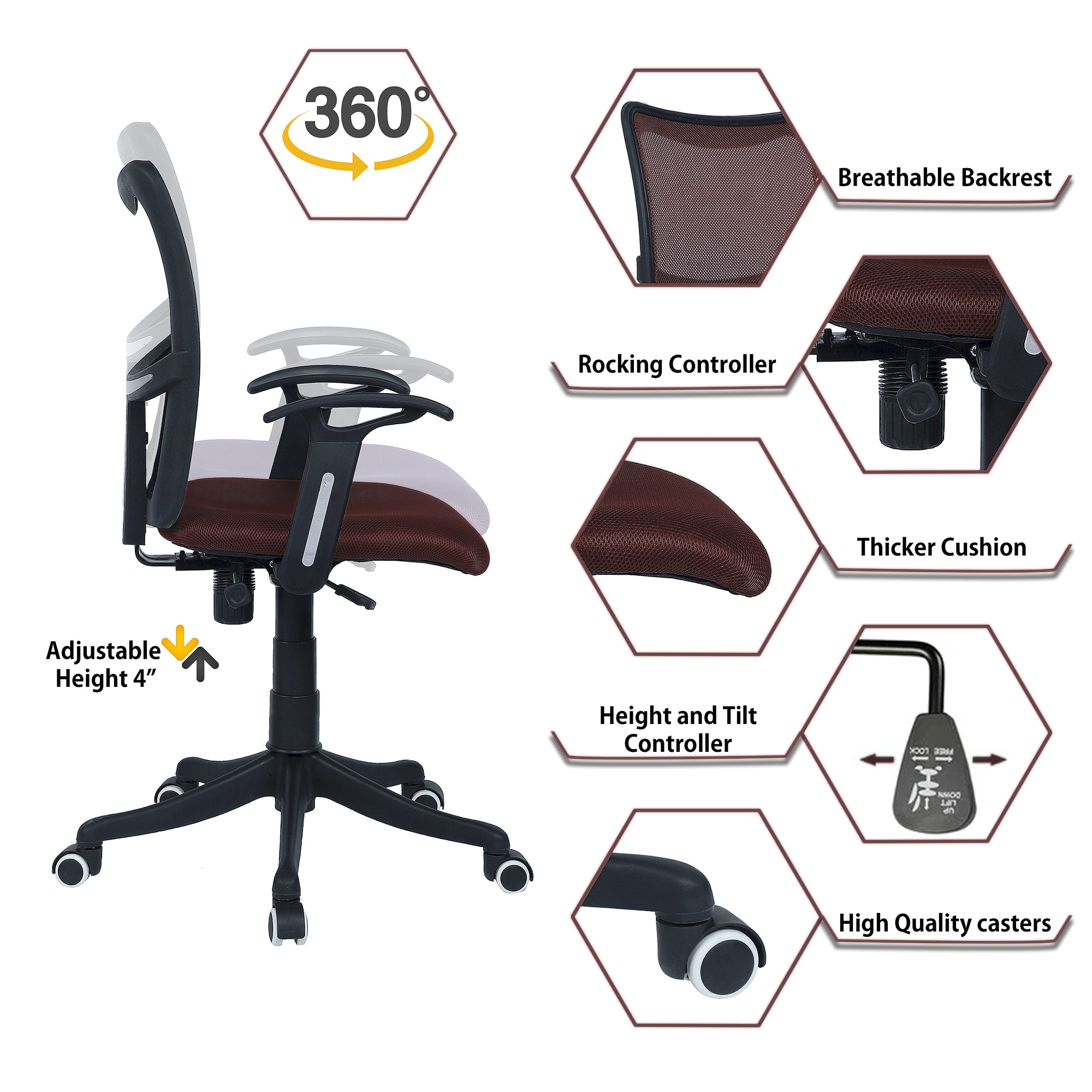 Eexcaeal Mid Back Ergonomic Chair in Brown Colour