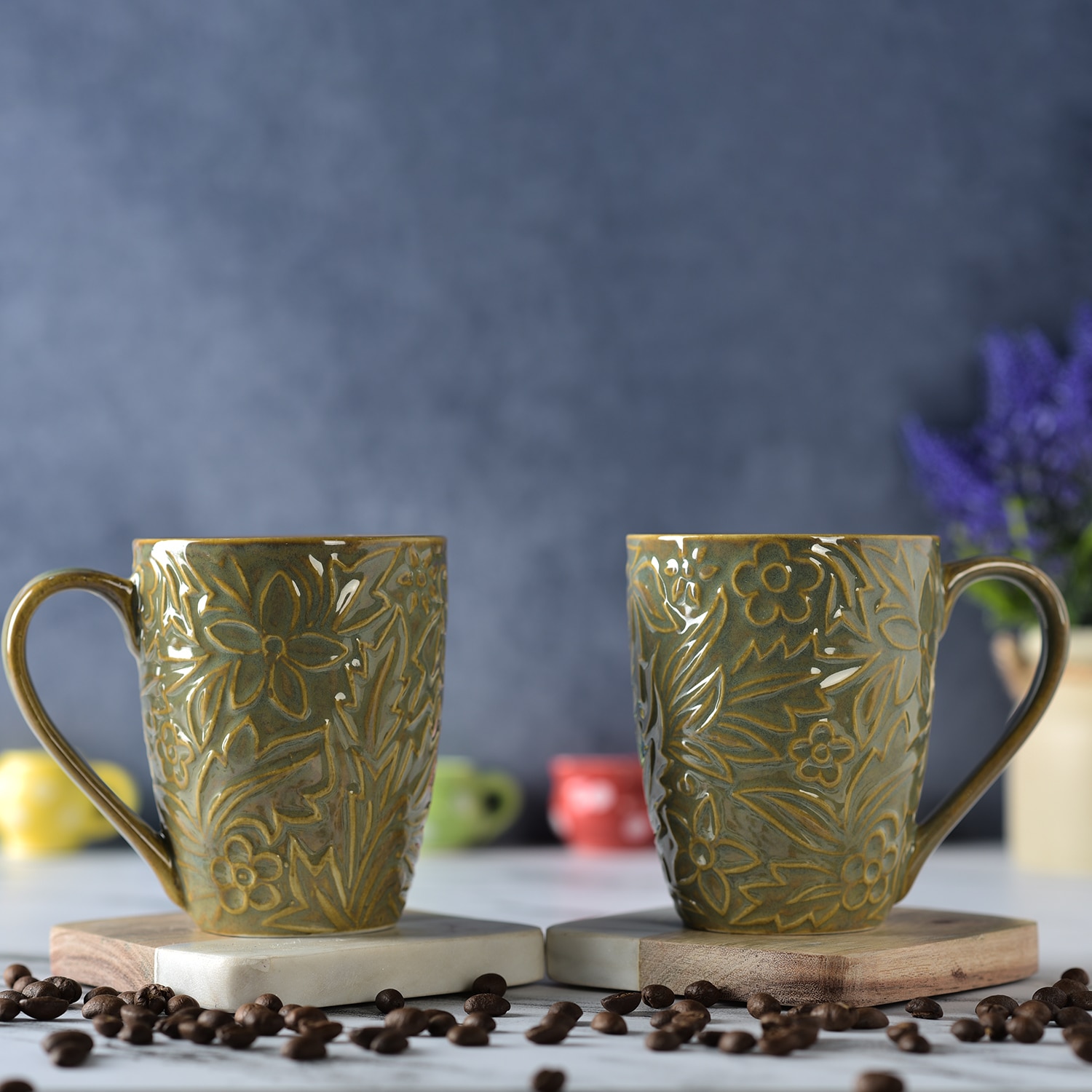 Green Wildflower Handcrafted Ceramic Mug Set - Simply Soho