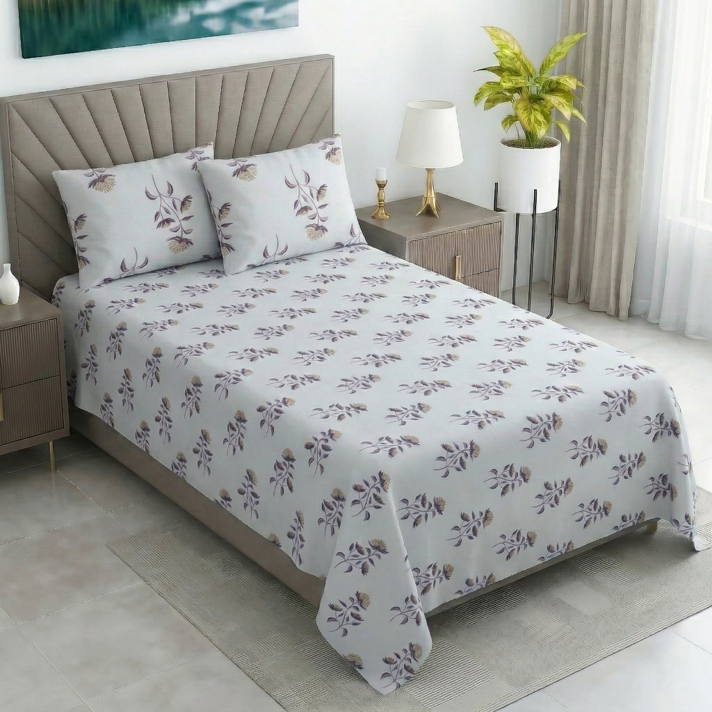 Ivo White Floral 400 TC Cotton Flat Single Size Bedsheet with 2 Pillow Covers – Threads - Threads