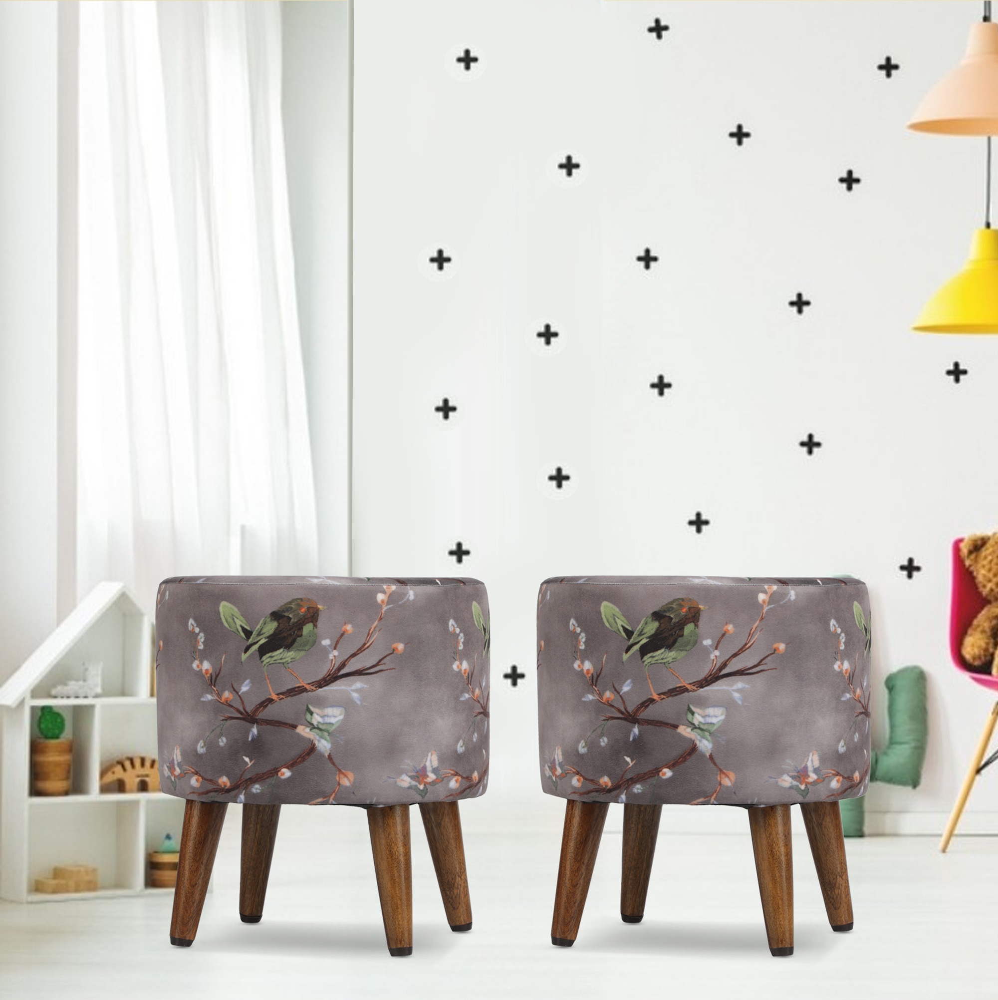 Lyra Solid Wood  Ottomon in  Grey Colour