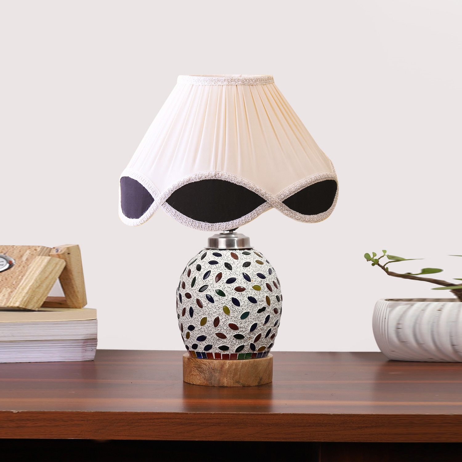 Devansh Off-White Vintage  Cotton Pleated Shade Lamp With Wood & Mosaic Glass Base For Decoration/Office/Home/Gifting/Study For Decoration/Office/Home/Gifting/Study - Devansh
